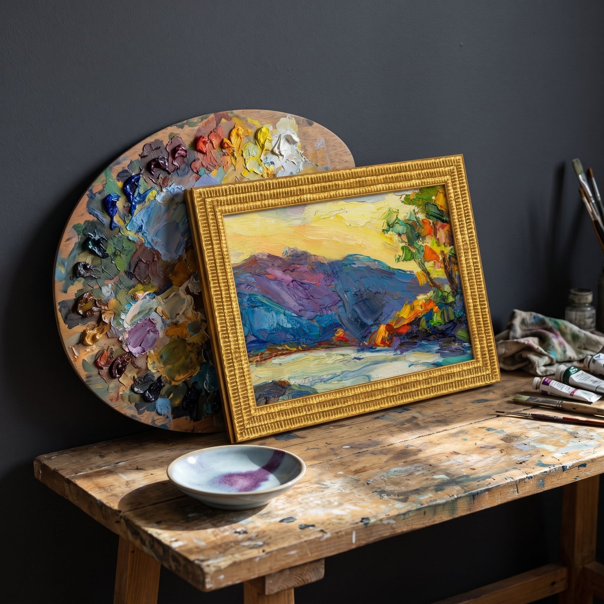 Artist's Studio, Rustic — Vibrant expressionist landscape painting elevates creative space with bold colors and textured brushwork