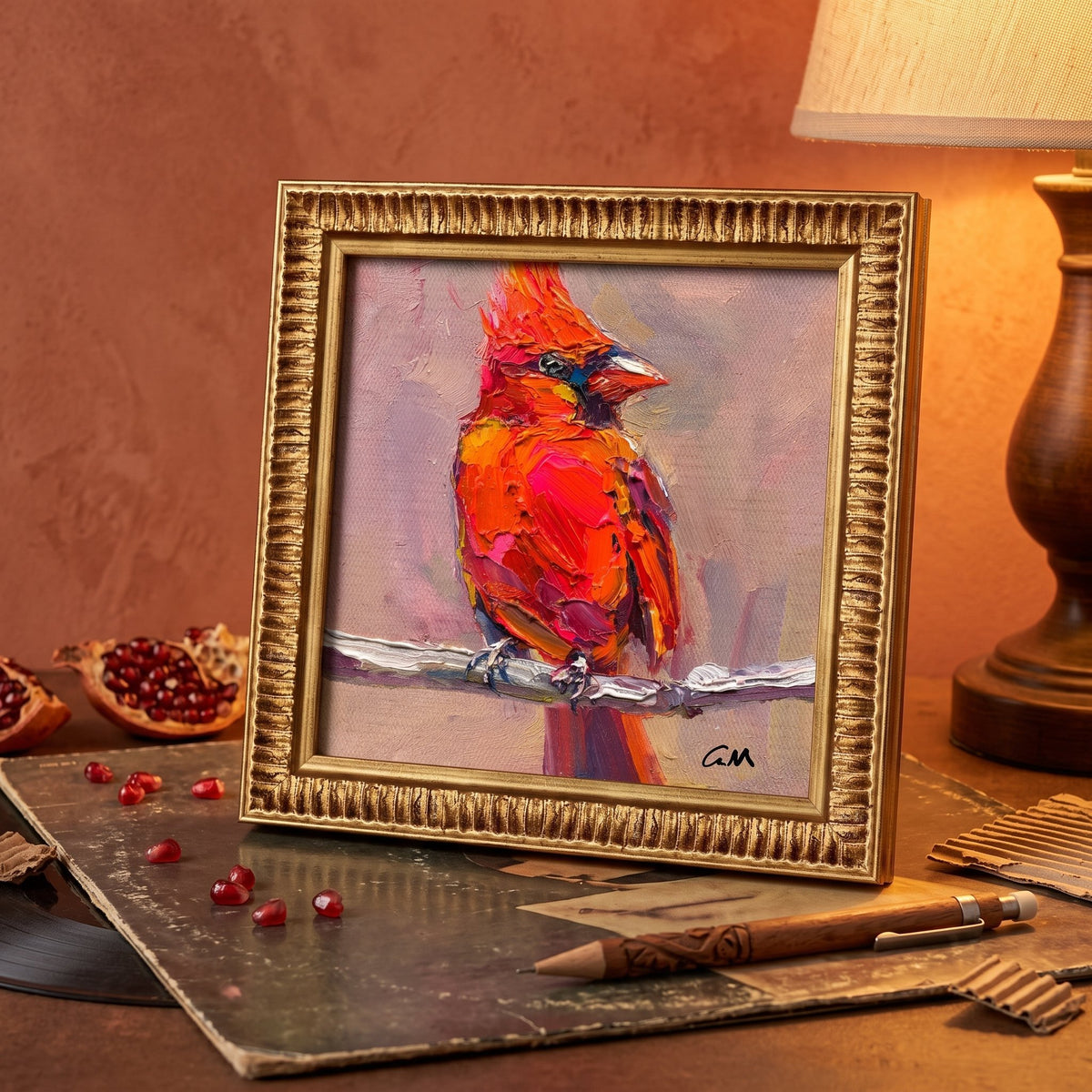Eclectic study — Vibrant expressionist cardinal painting adds warmth and artistic energy to the space