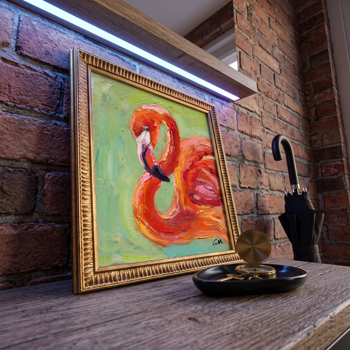 Rustic industrial entryway — Vibrant expressionist flamingo painting adds bold color and artistic energy to the space