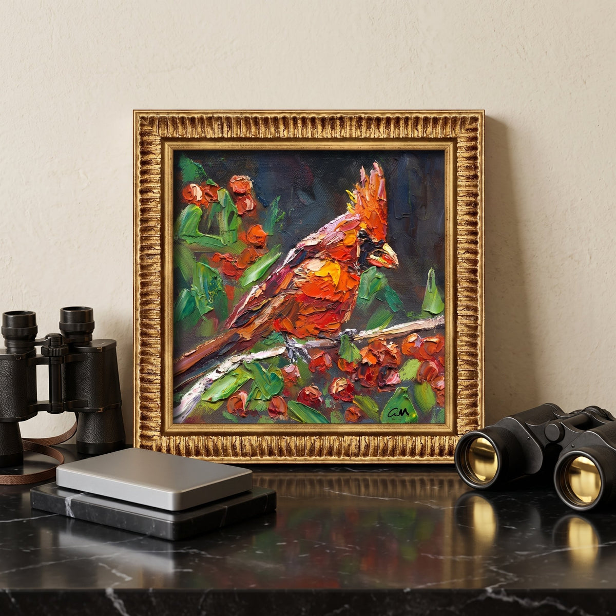 Study, minimalist nature-inspired — vibrant expressionist cardinal painting adds warmth and artistic depth to the serene space