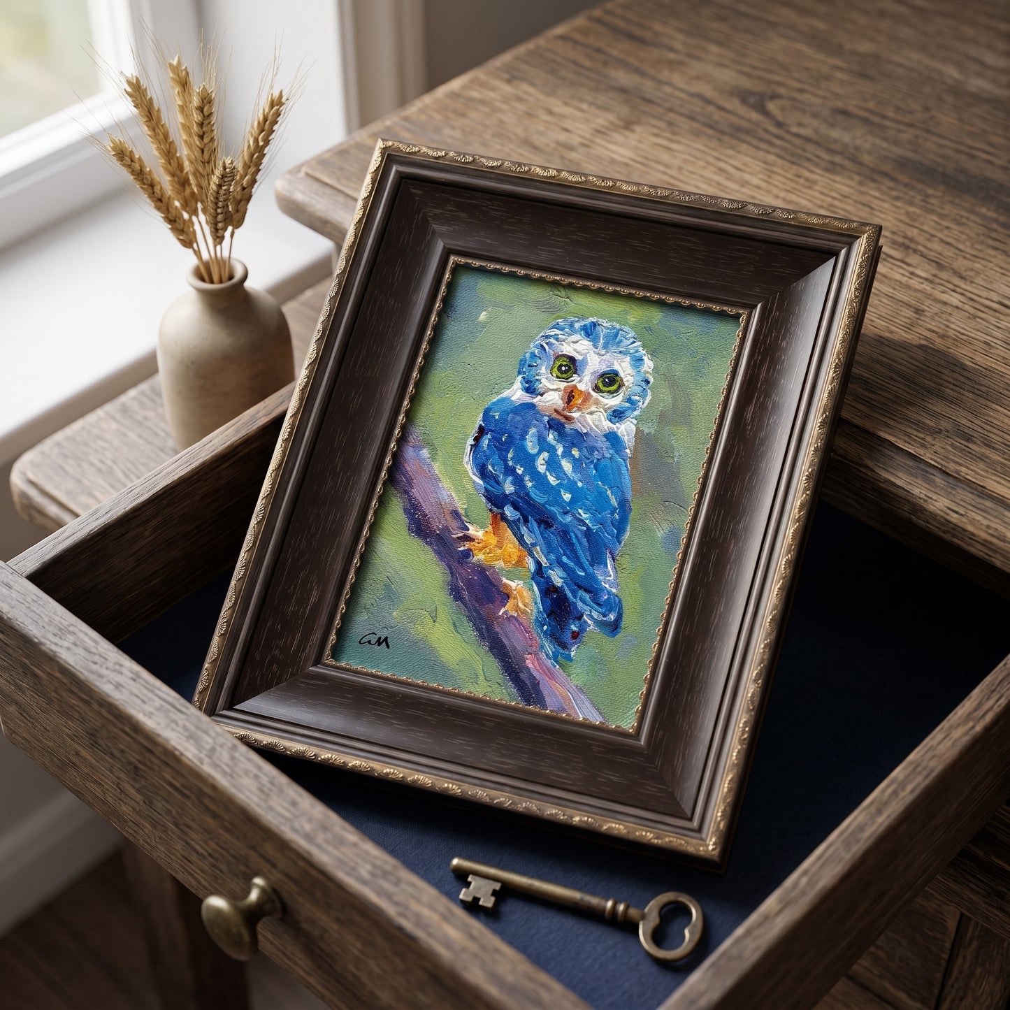 Rustic Farmhouse Study — Original expressionist owl painting adds whimsical charm and color contrast to warm wooden decor
