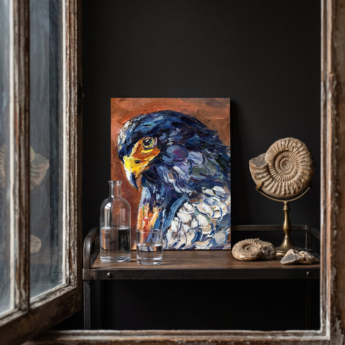 Industrial-loft entryway — expressive bird painting transforms space with bold color and texture