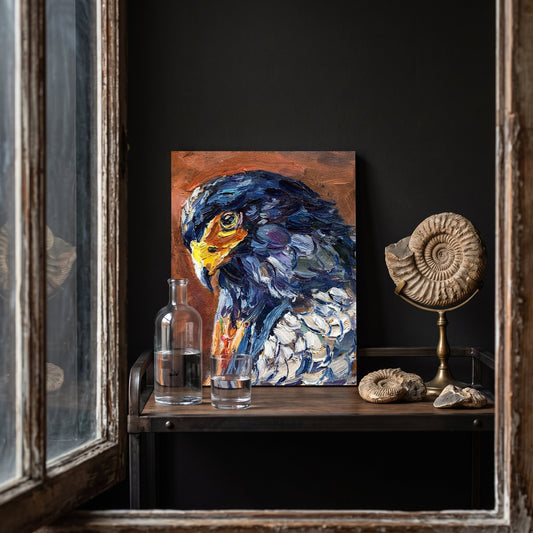 Industrial-loft entryway — expressive bird painting transforms space with bold color and texture