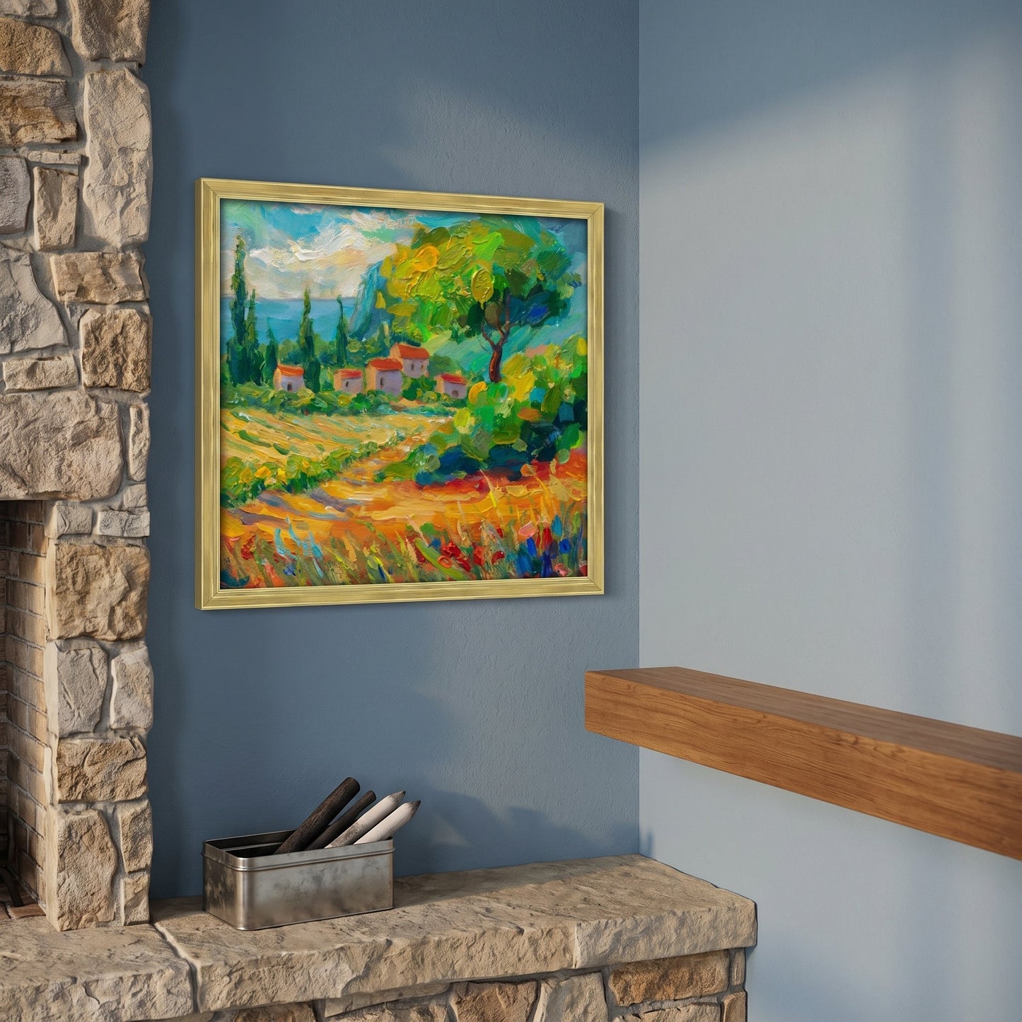 RusticFarmhouseLivingRoom — VibrantImpressionistLandscapeAddsWarmthAndNatureToStoneFireplaceCorner
