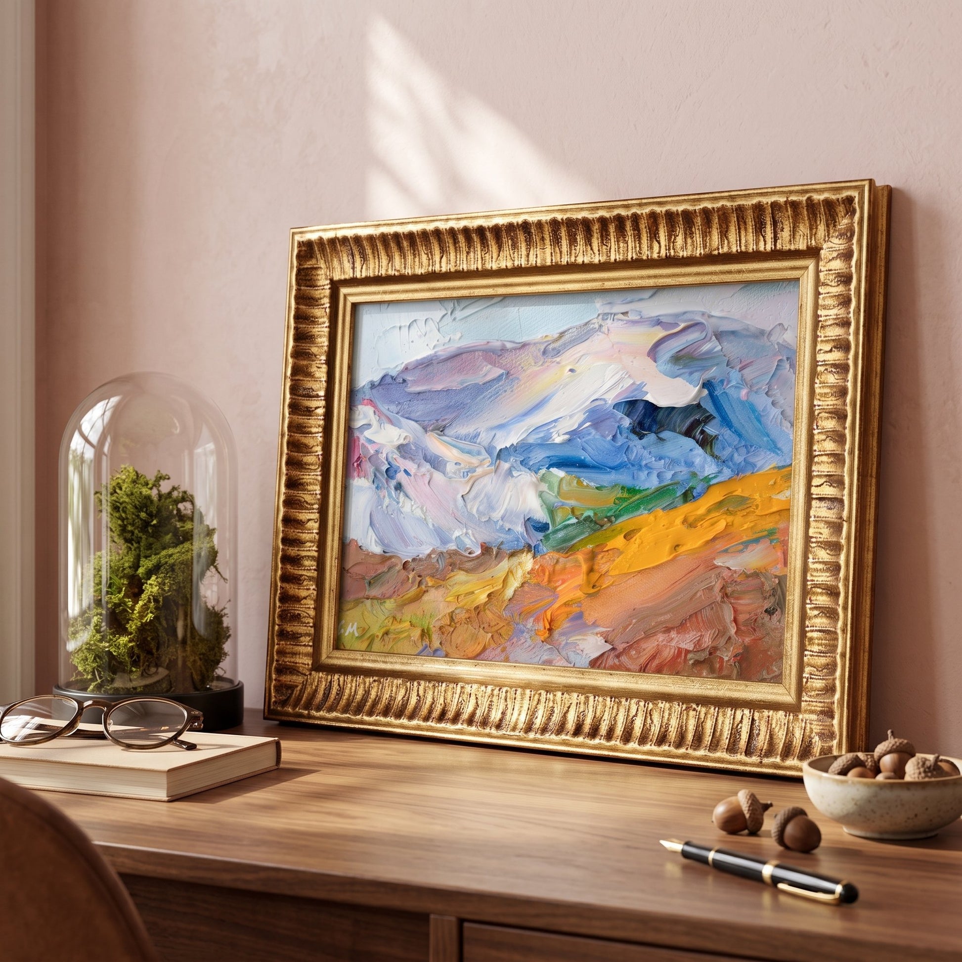 Contemporary home office — expressive landscape painting adds vibrant energy and artistic depth to the serene workspace