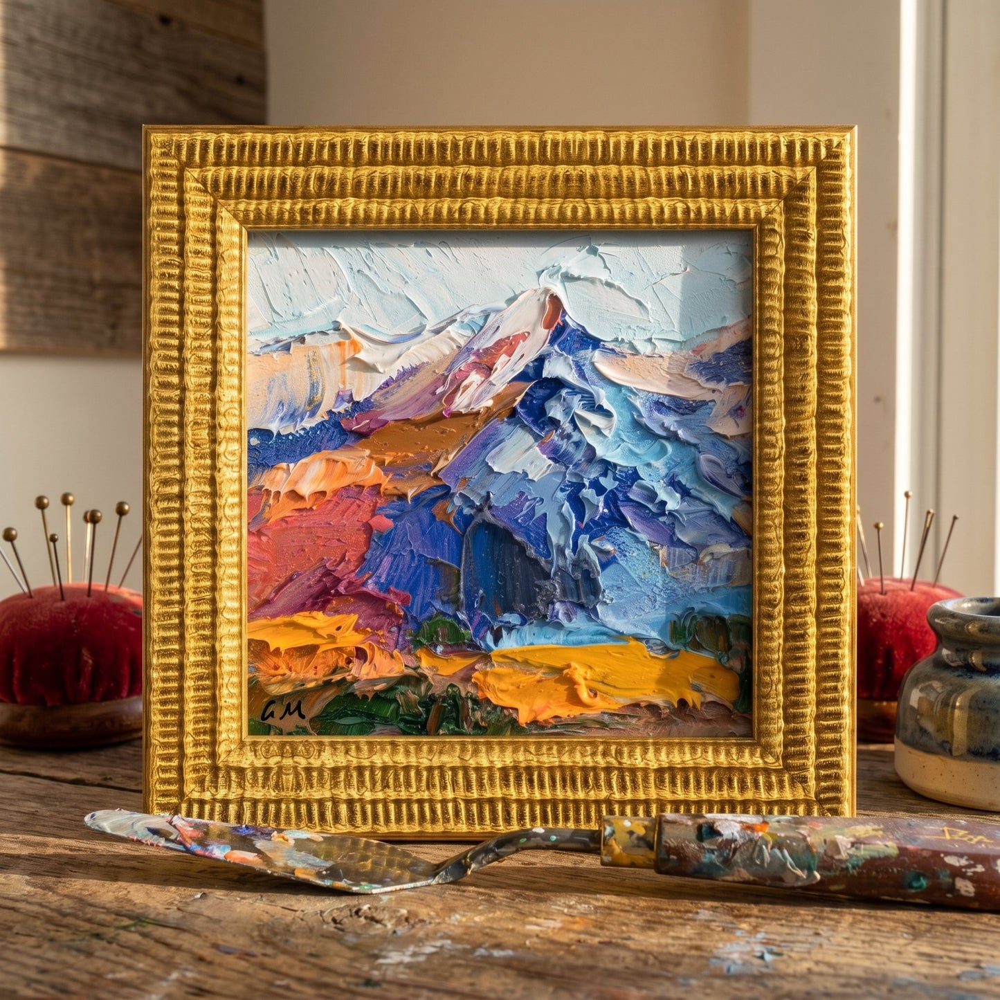 Rustic Farmhouse Studio — Original Expressionist Landscape Painting Adds Vibrant Energy to Artisan Workspace