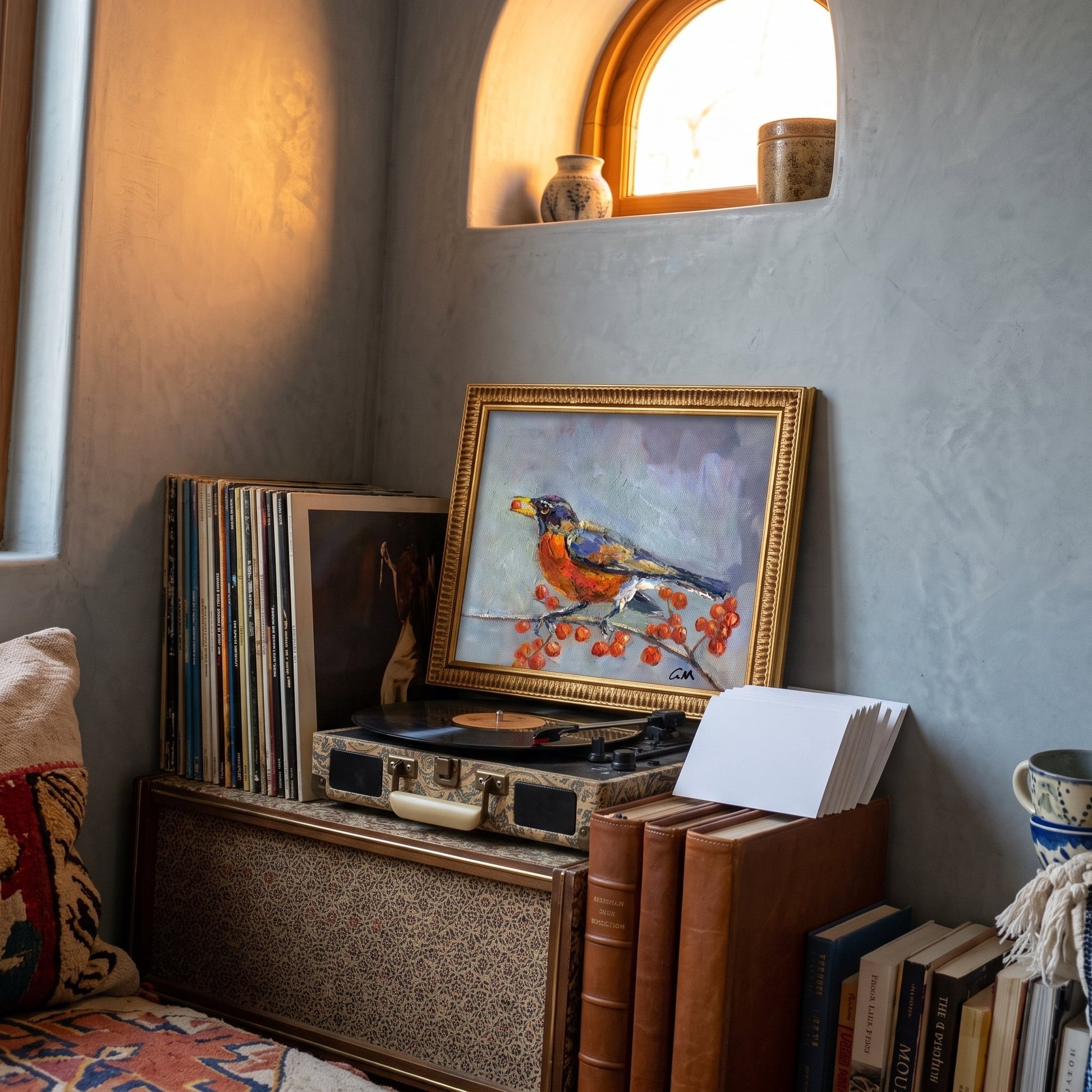 RusticFarmhouseReadingNook — OriginalImpressionistBirdPaintingAddsWarmthAndFocalPointToCozySpace