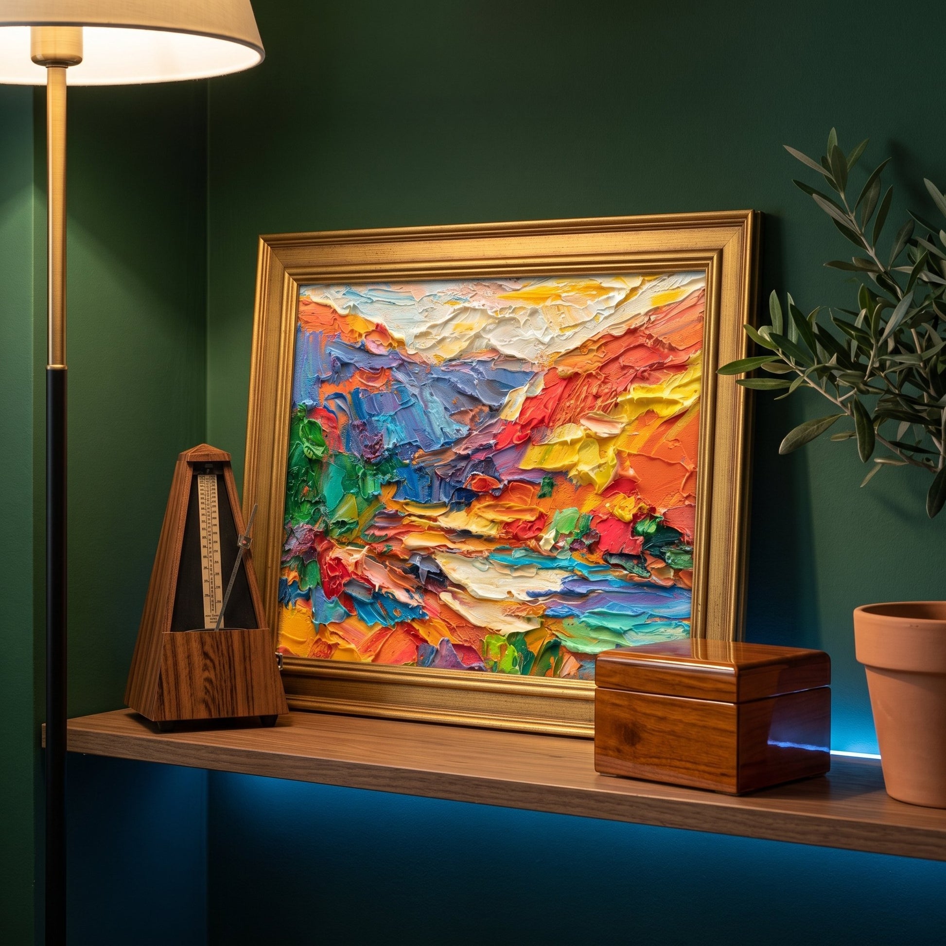 Contemporary living room — vibrant abstract landscape painting adds warmth and texture to a minimalist space