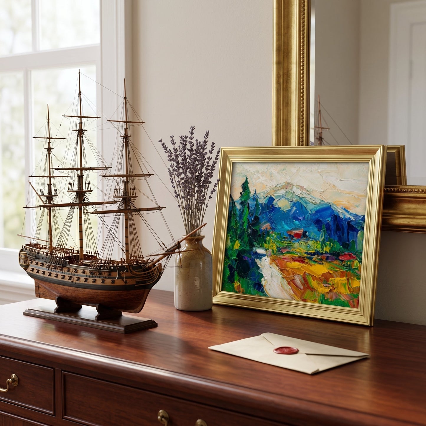 Traditional Study — Vibrant expressionist landscape painting adds color and artistic depth to classic decor