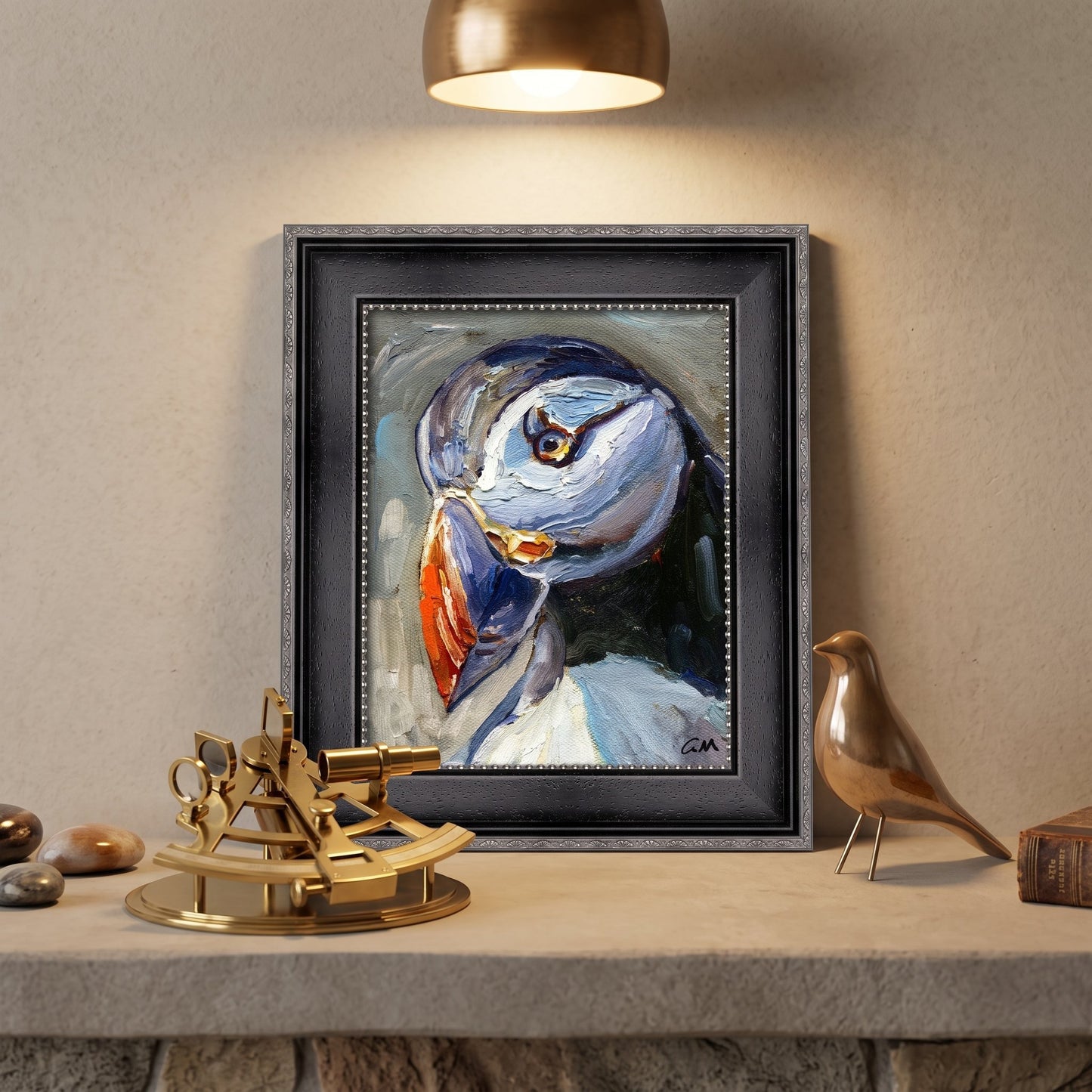 Contemporary entryway — vibrant expressionist puffin painting adds color and character to minimalist decor