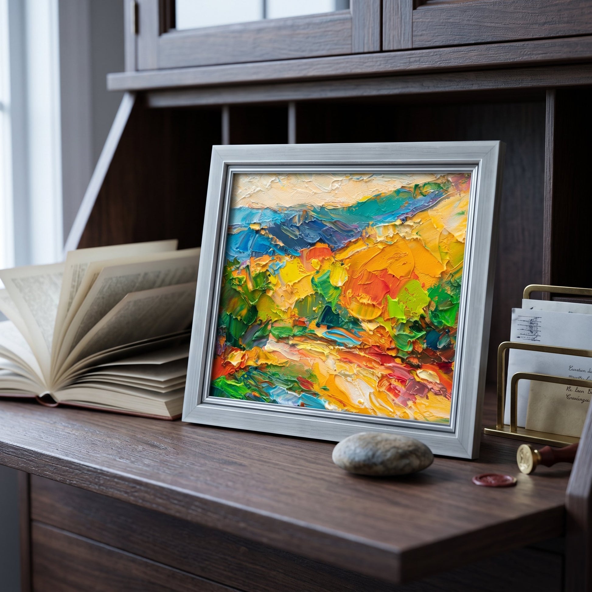 Contemporary home office — vibrant abstract landscape painting adds color and artistic energy to minimalist workspace