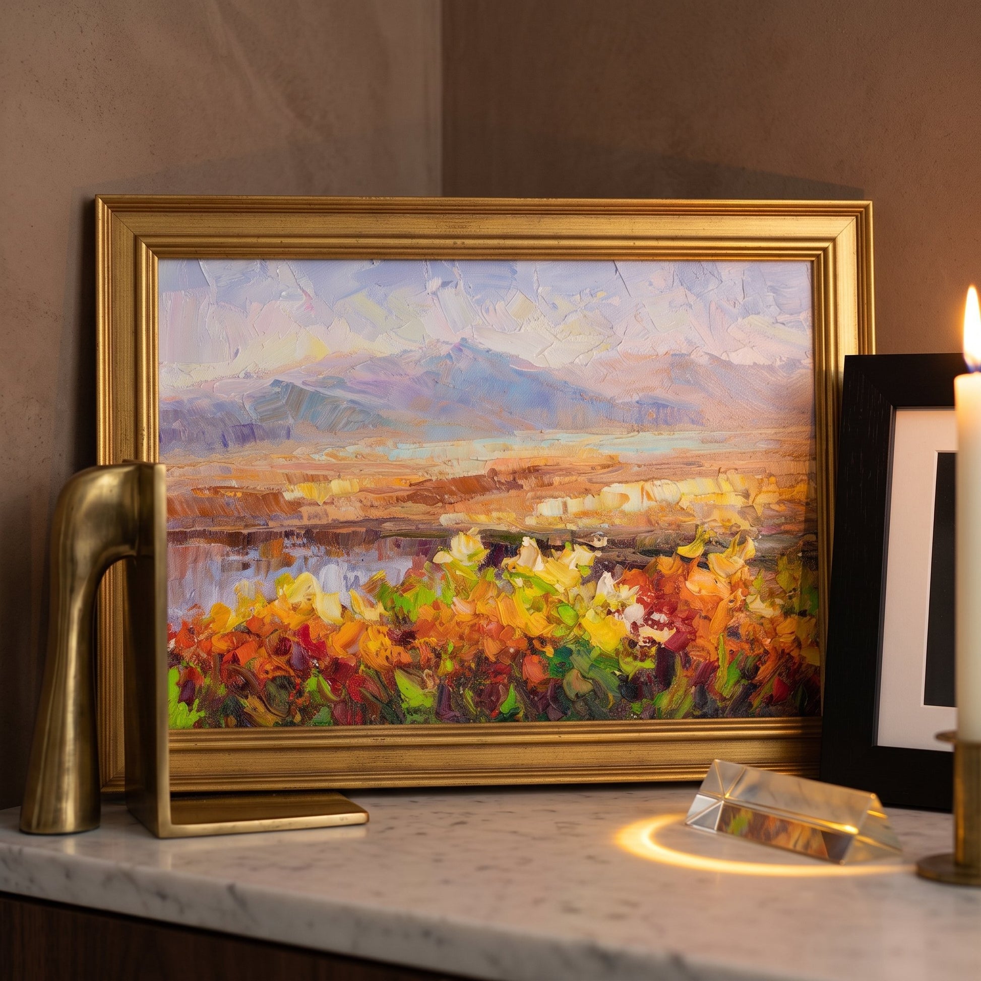 Contemporary entryway — vibrant Impressionist landscape transforms neutral space with warm color and texture