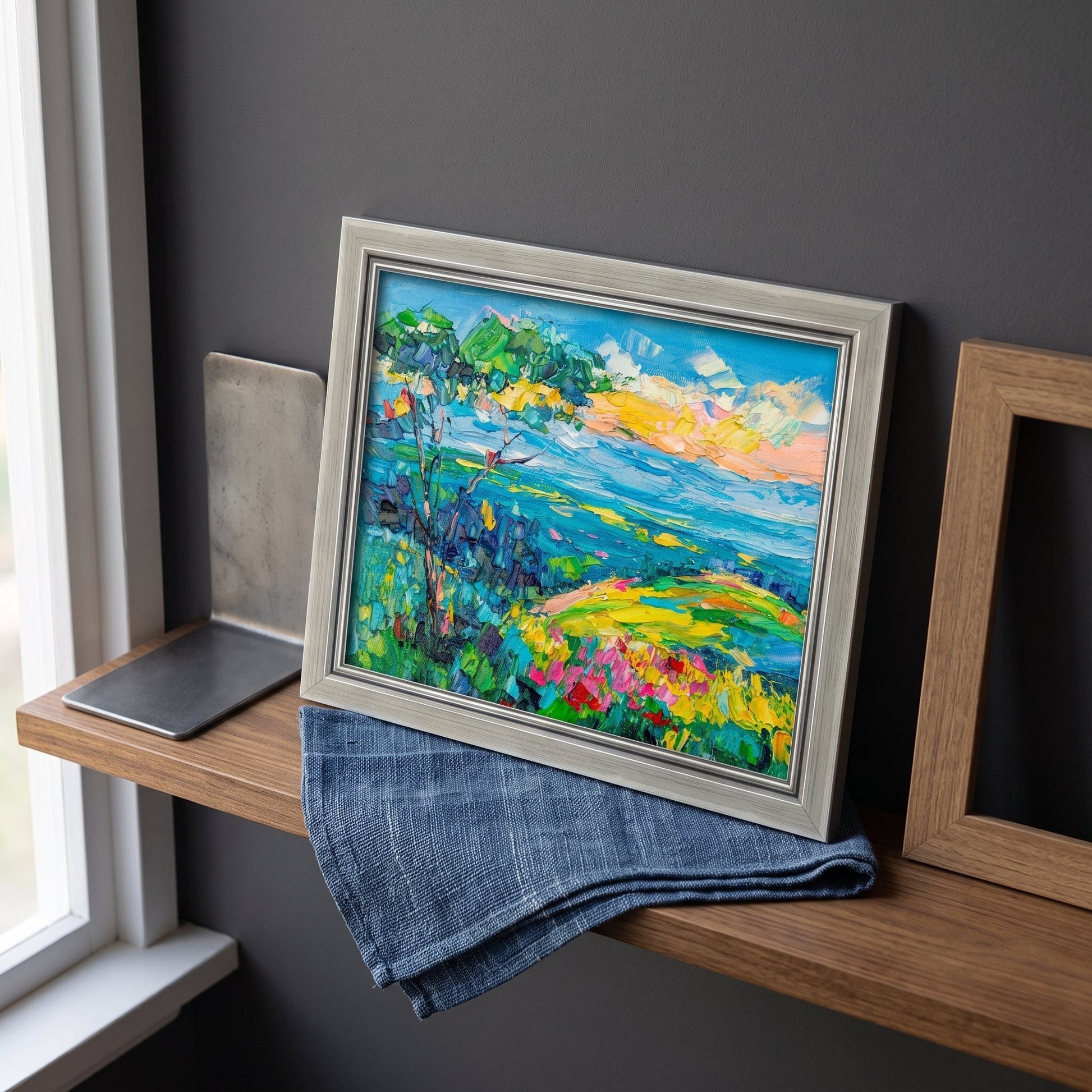 Modern minimalist bedroom — Vibrant Impressionist landscape adds color and life to a serene, neutral-toned space