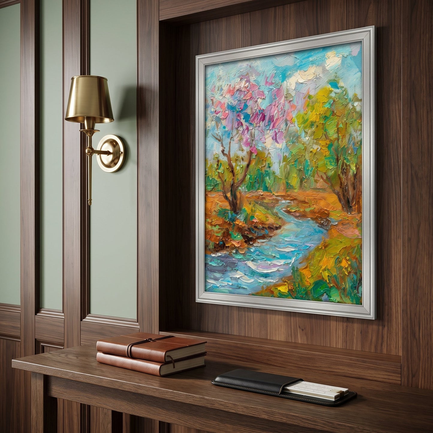 Mid-century modern study — vibrant Impressionist landscape painting adds color and serenity to rich wood interior