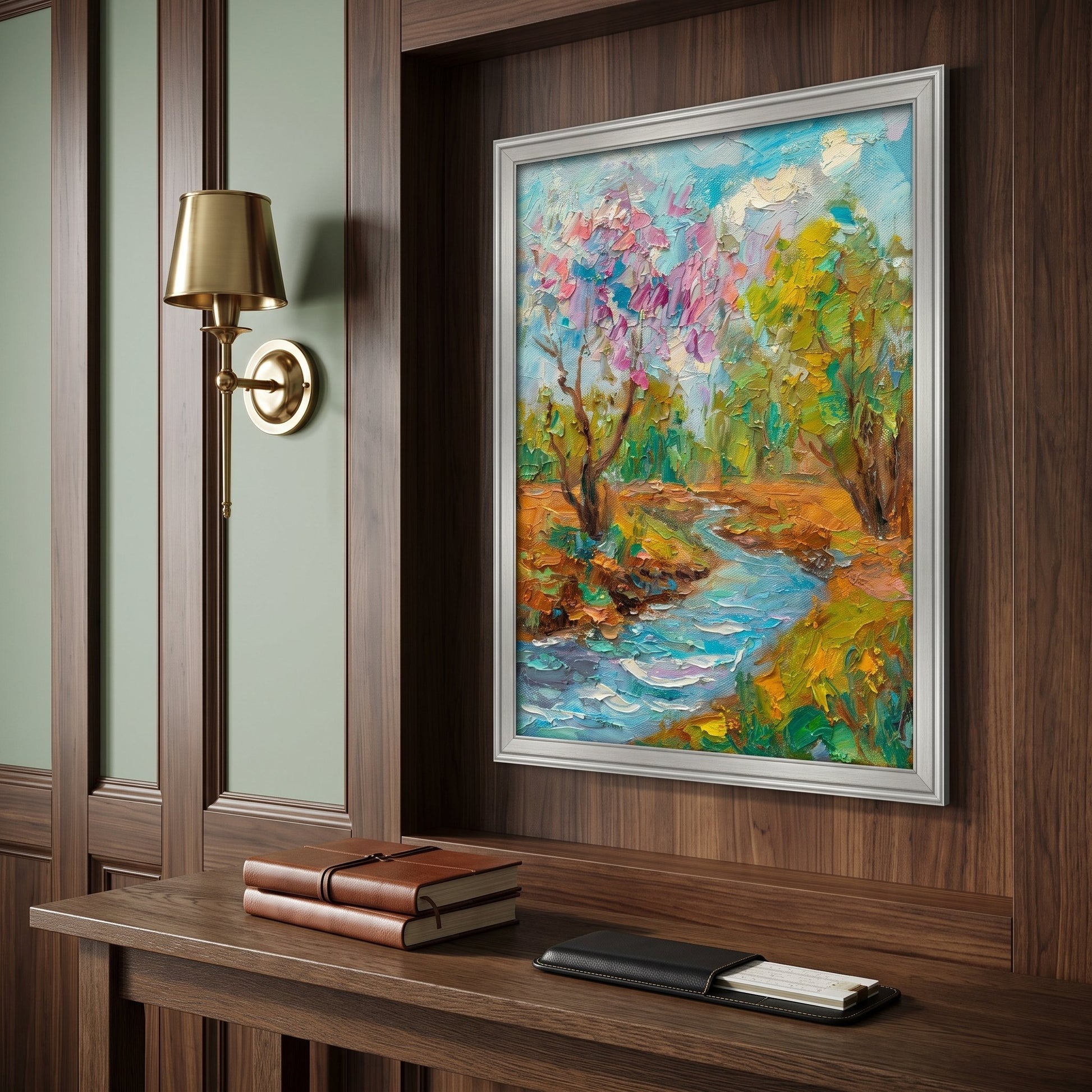 Mid-century modern study — vibrant Impressionist landscape painting adds color and serenity to rich wood interior