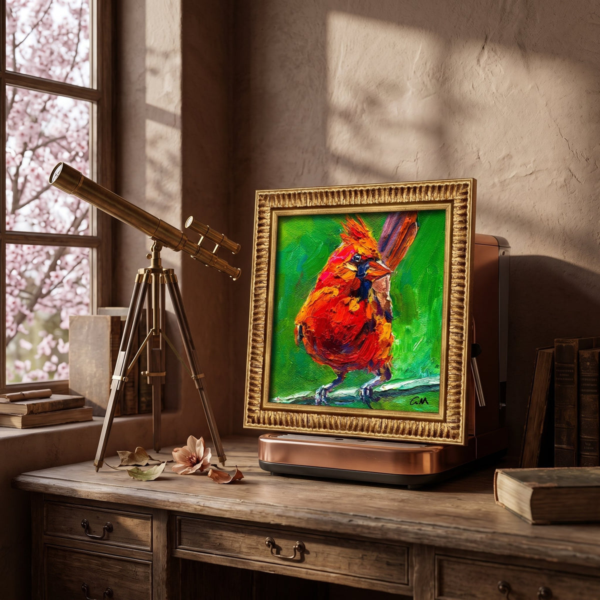 Rustic Farmhouse Study — Vibrant expressionist cardinal painting adds bold color and life to a serene, nature-inspired workspace