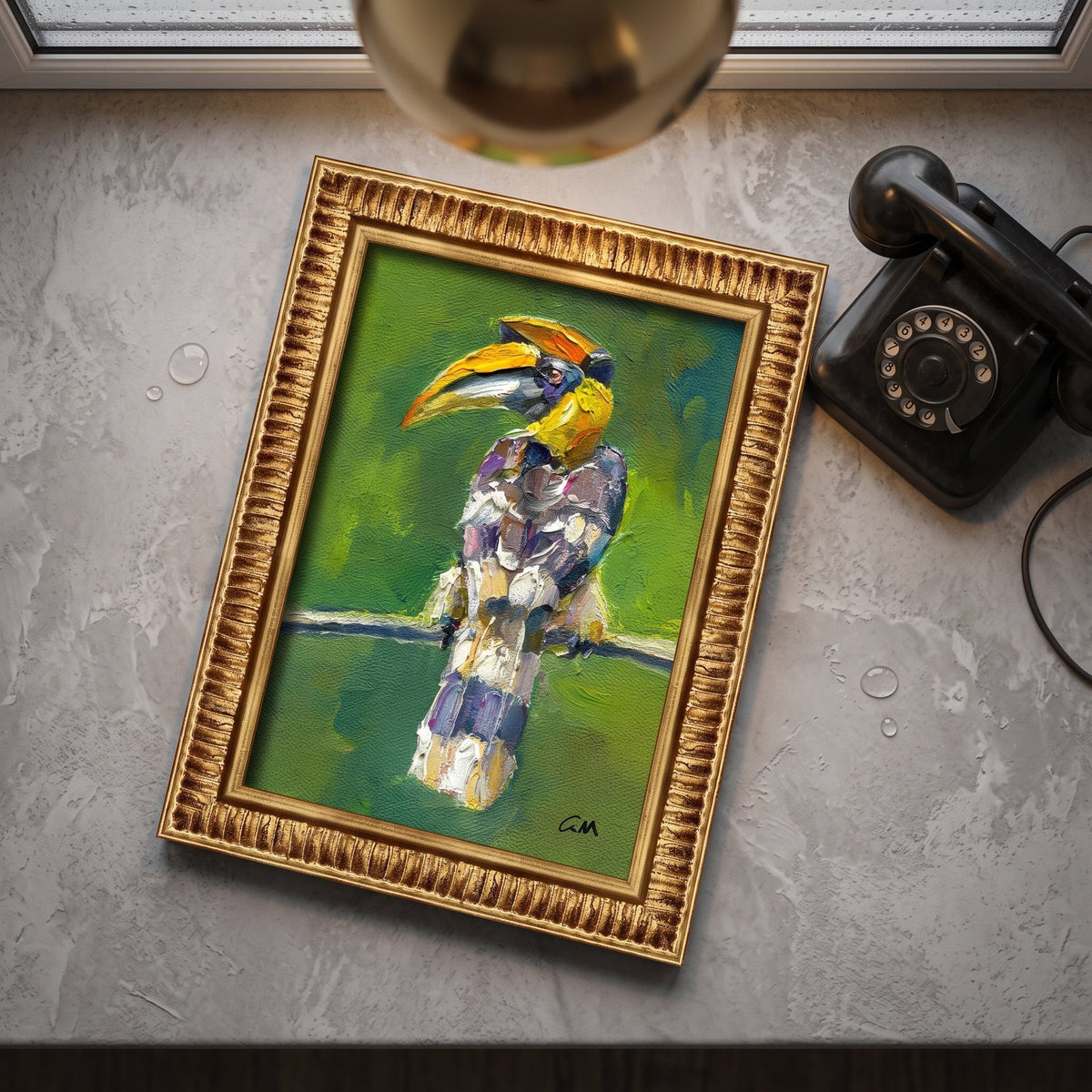 Vintage study, industrial loft — expressive hornbill painting adds vibrant color and artistic flair to the space