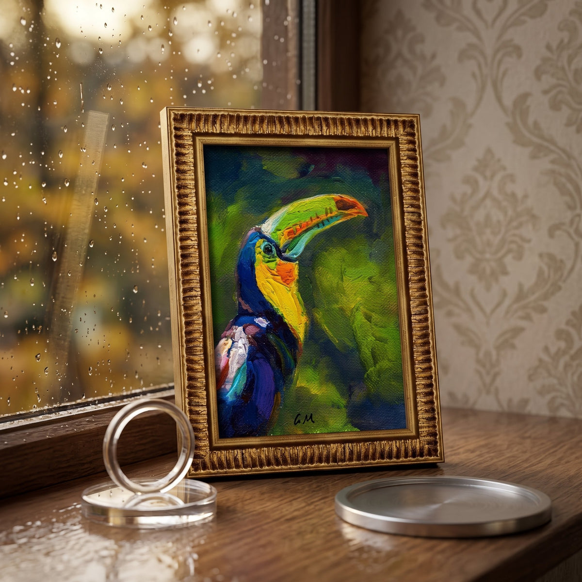 Vintage study — Vibrant expressionist toucan painting adds color and life to classic decor