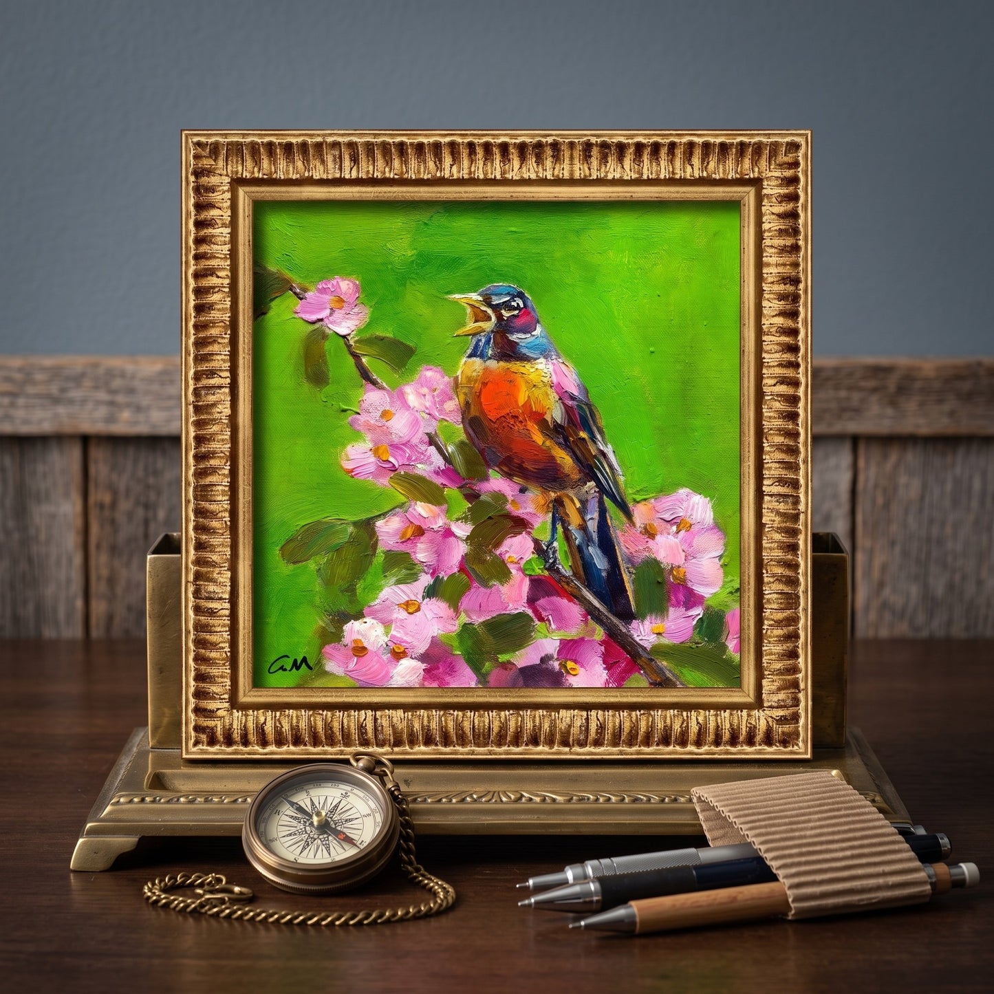 Rustic farmhouse study — vibrant Impressionist bird painting adds color and life to the space