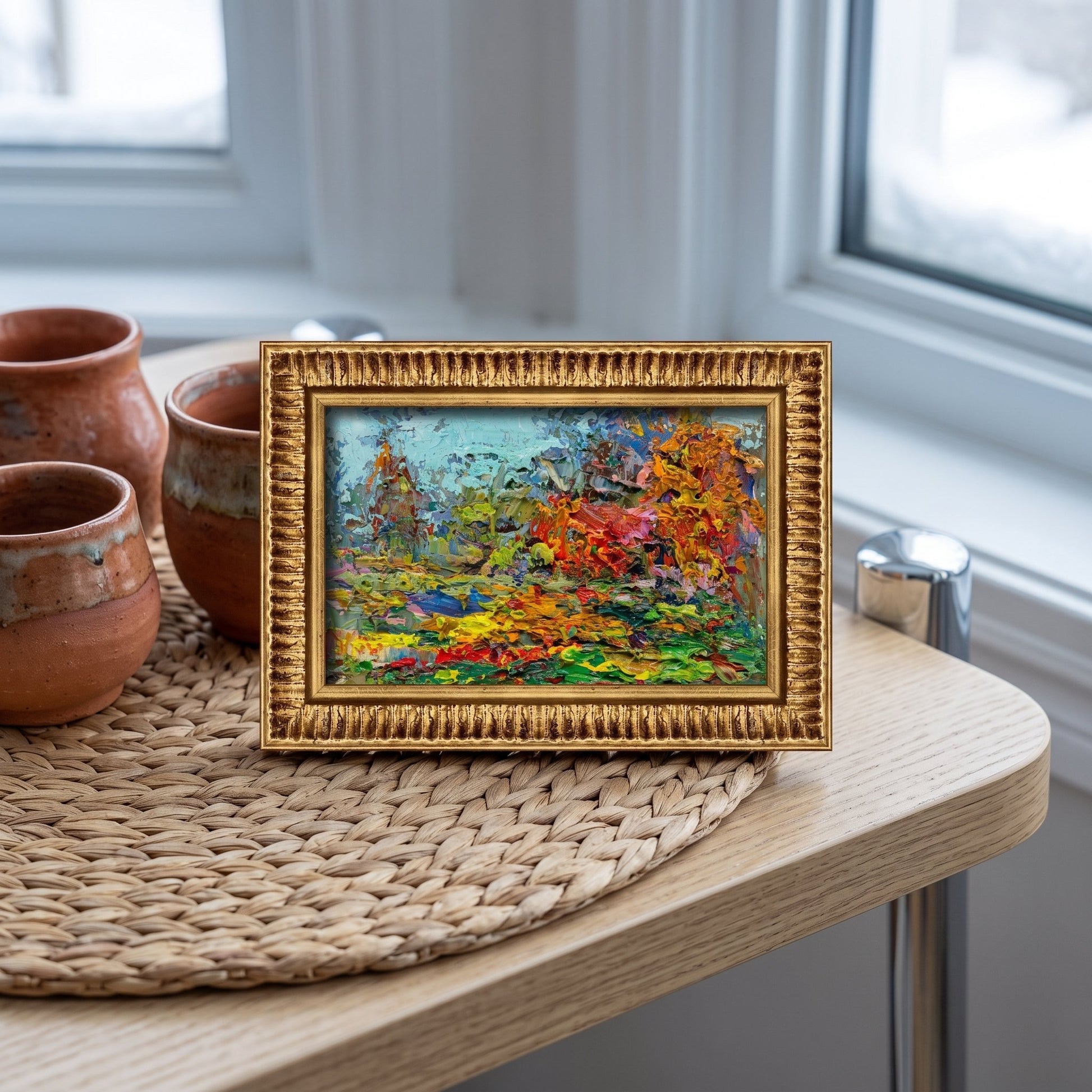 Minimalist kitchen nook — vibrant expressionist landscape painting adds colorful contrast and artistic warmth to neutral space