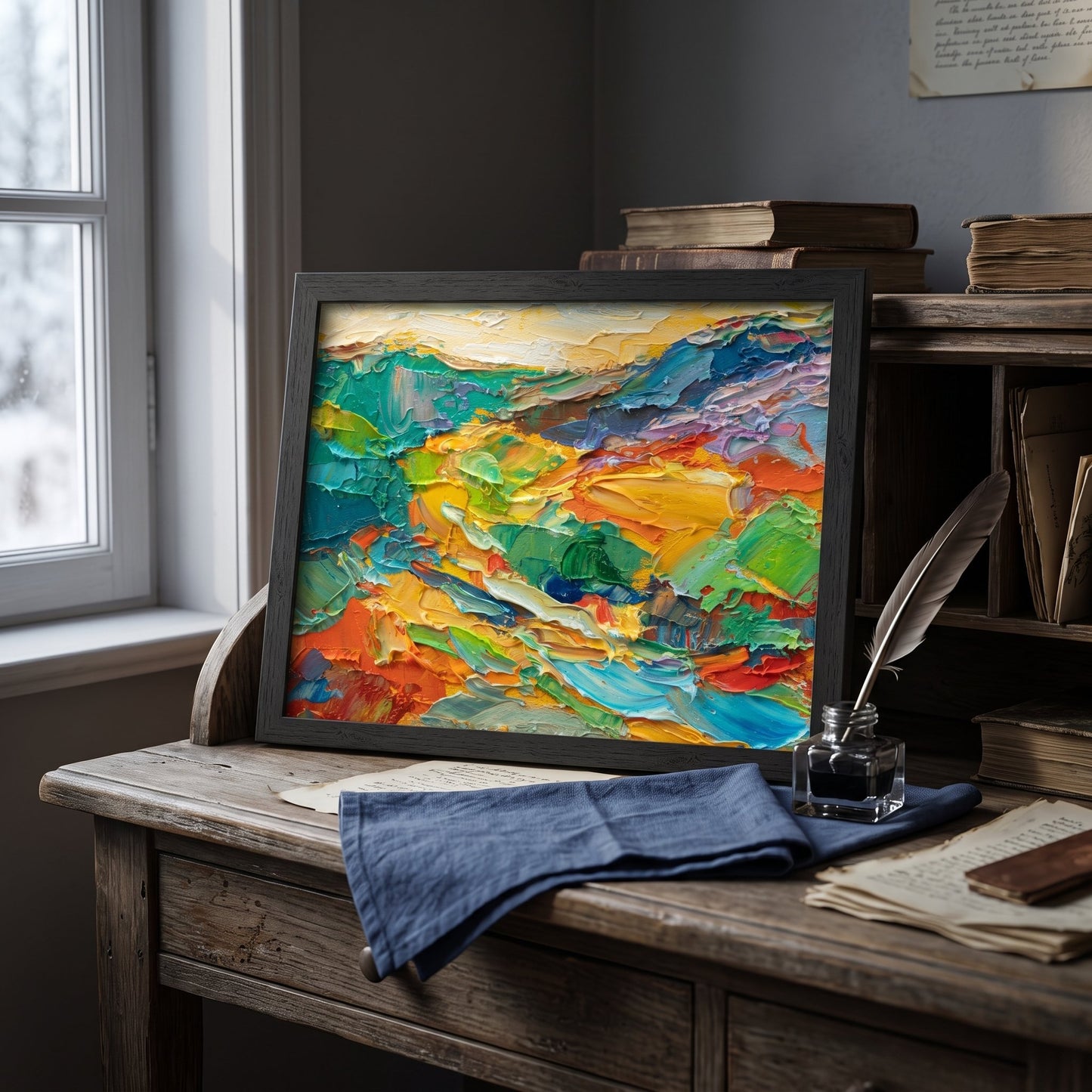 Rustic Farmhouse Study — Vibrant expressionist landscape painting adds color and energy to a serene writing space