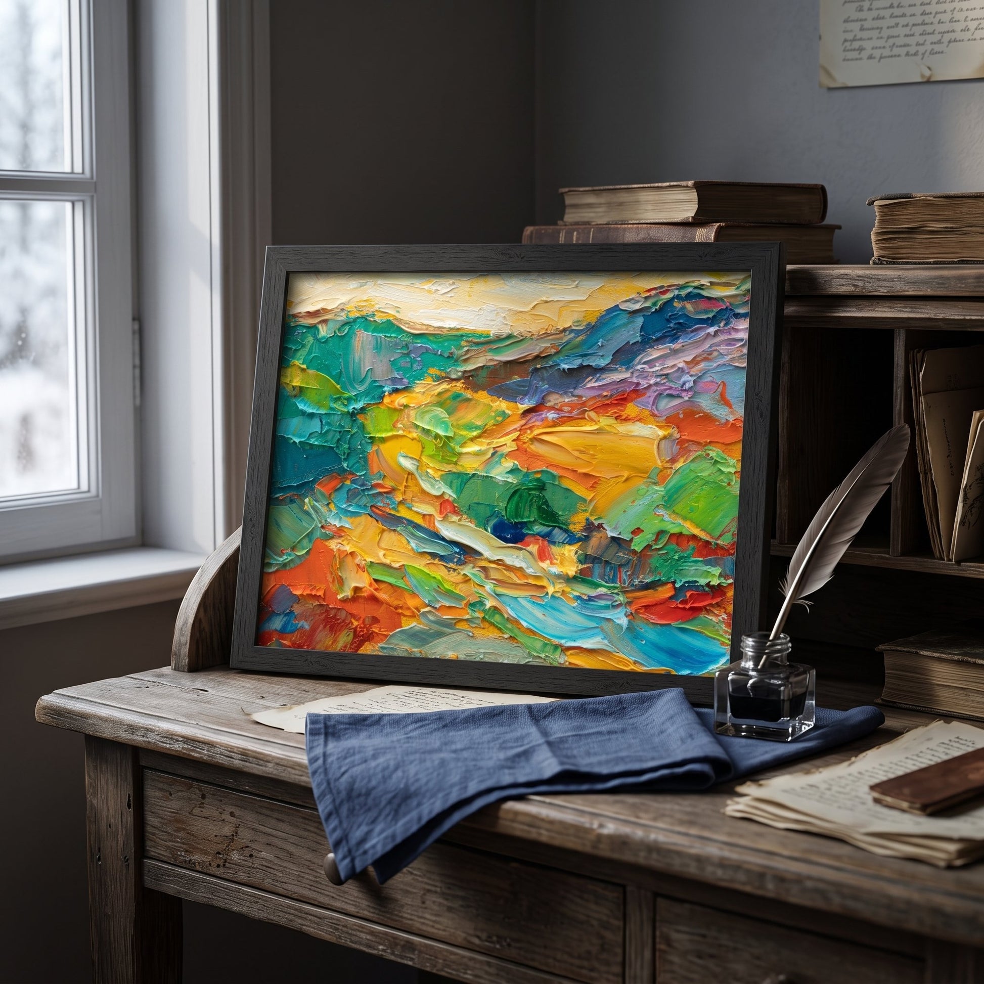 Rustic Farmhouse Study — Vibrant expressionist landscape painting adds color and energy to a serene writing space