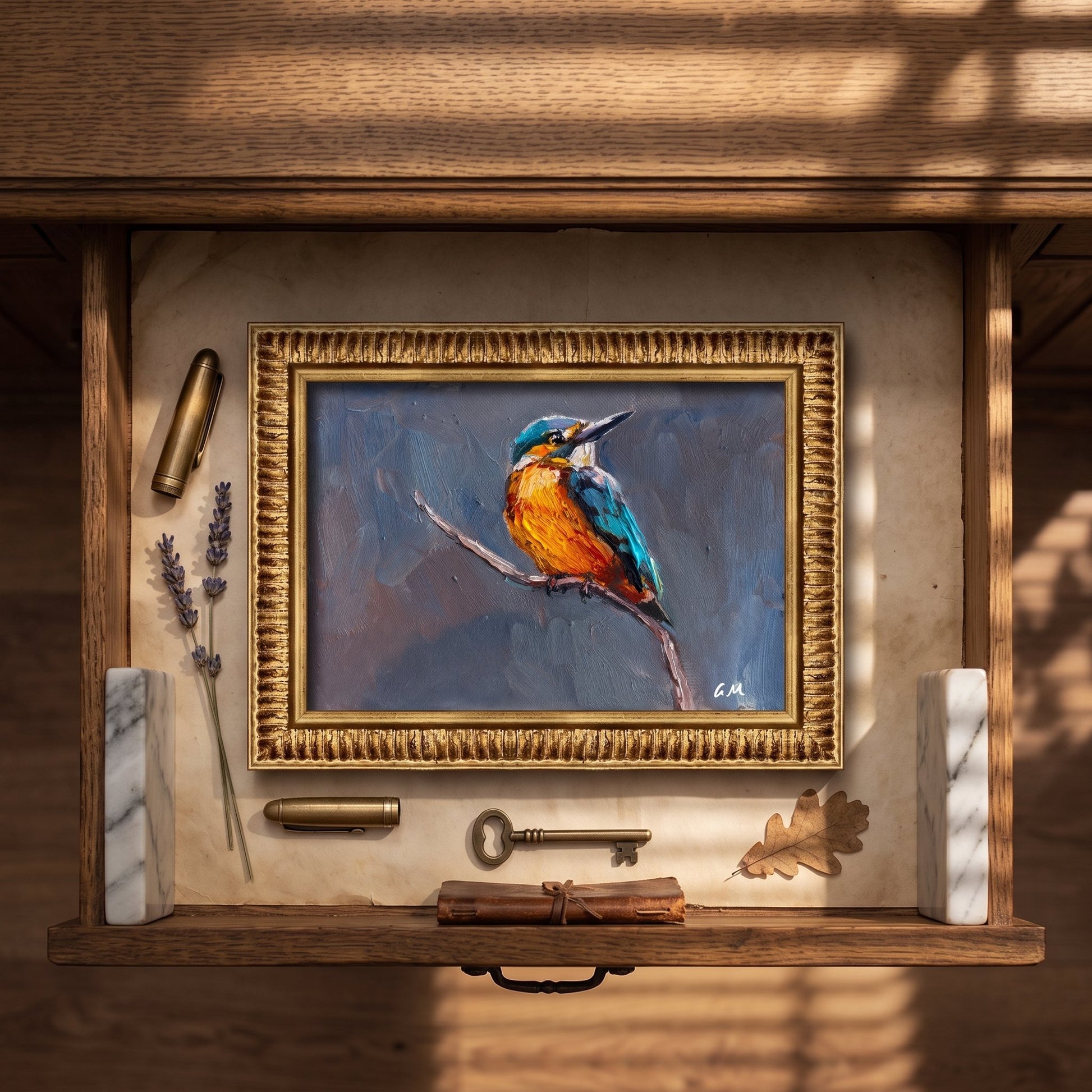 Rustic Farmhouse Study — Original oil painting of a kingfisher brings vibrant nature and warmth to a vintage-inspired workspace