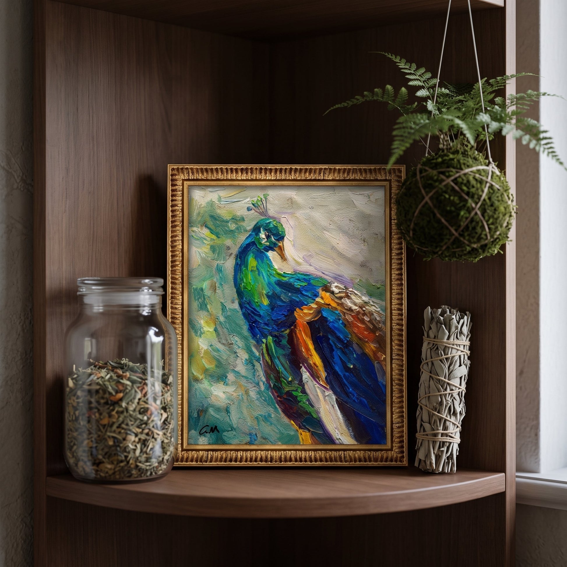 Bohemian entryway — vibrant peacock painting adds color and life to natural wood shelves
