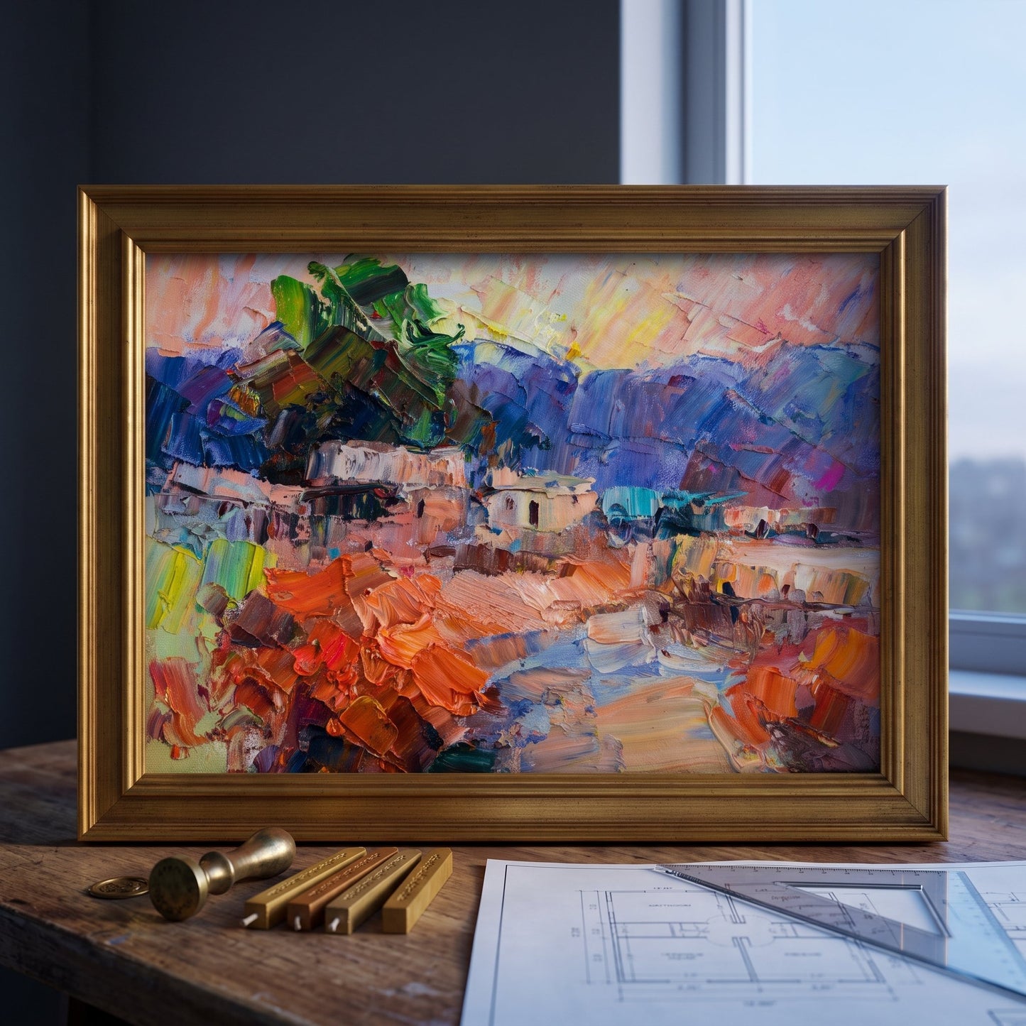 Modern study, minimalist decor — vibrant Expressionist landscape painting energizes the workspace with bold color and texture