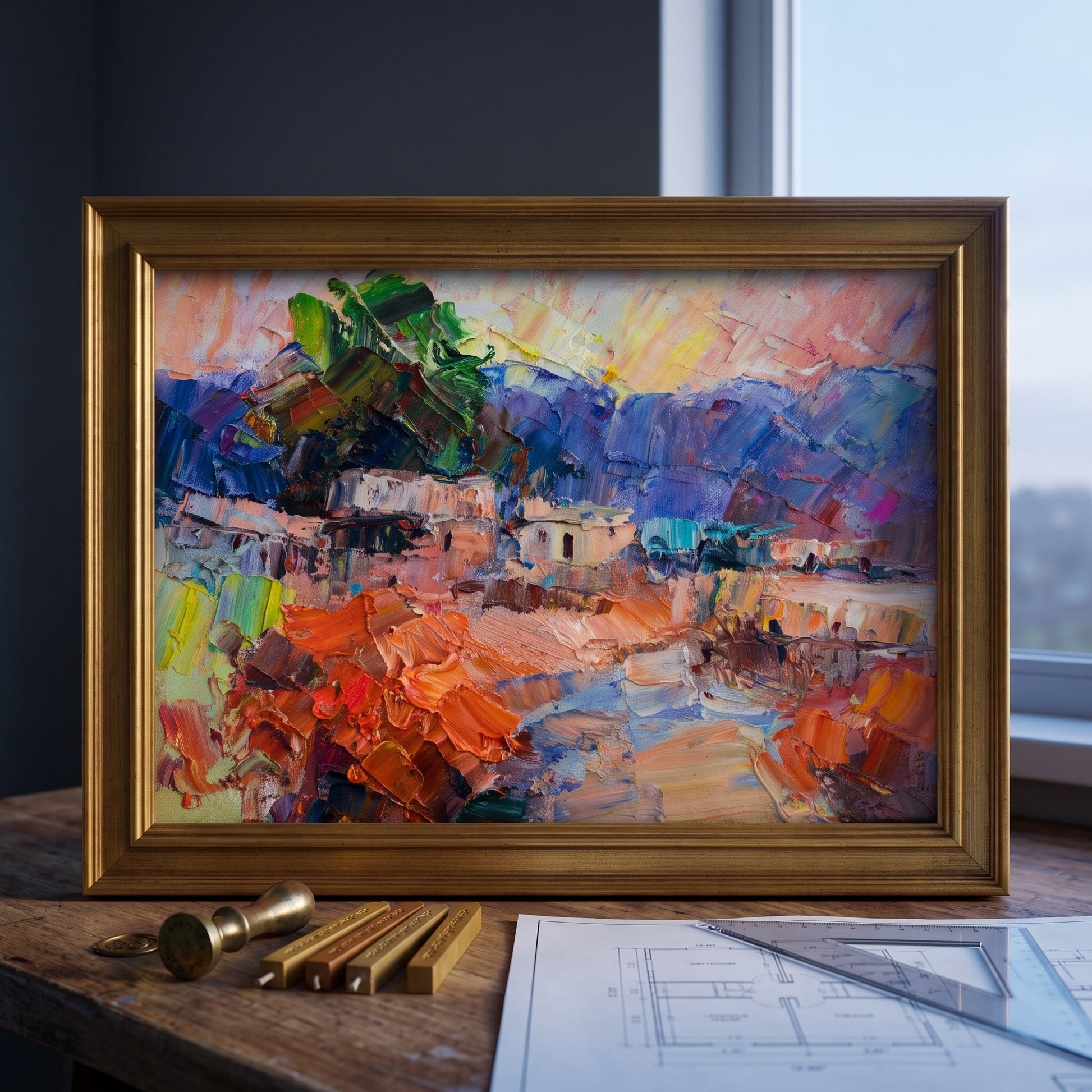 Modern study, minimalist decor — vibrant Expressionist landscape painting energizes the workspace with bold color and texture