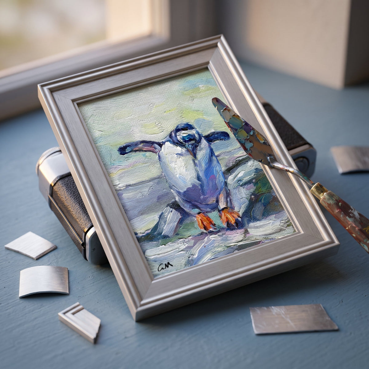 Contemporary home office — Original Impressionist penguin painting adds vibrant charm and artistic depth to minimalist workspace