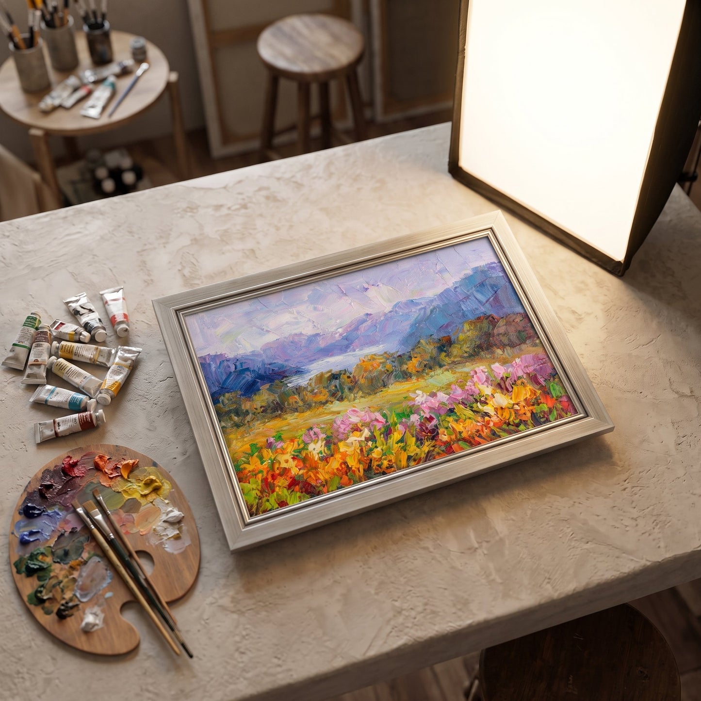 Artist's Studio, Rustic Farmhouse — Vibrant Impressionist landscape elevates creative space with floral colors and textured brushwork