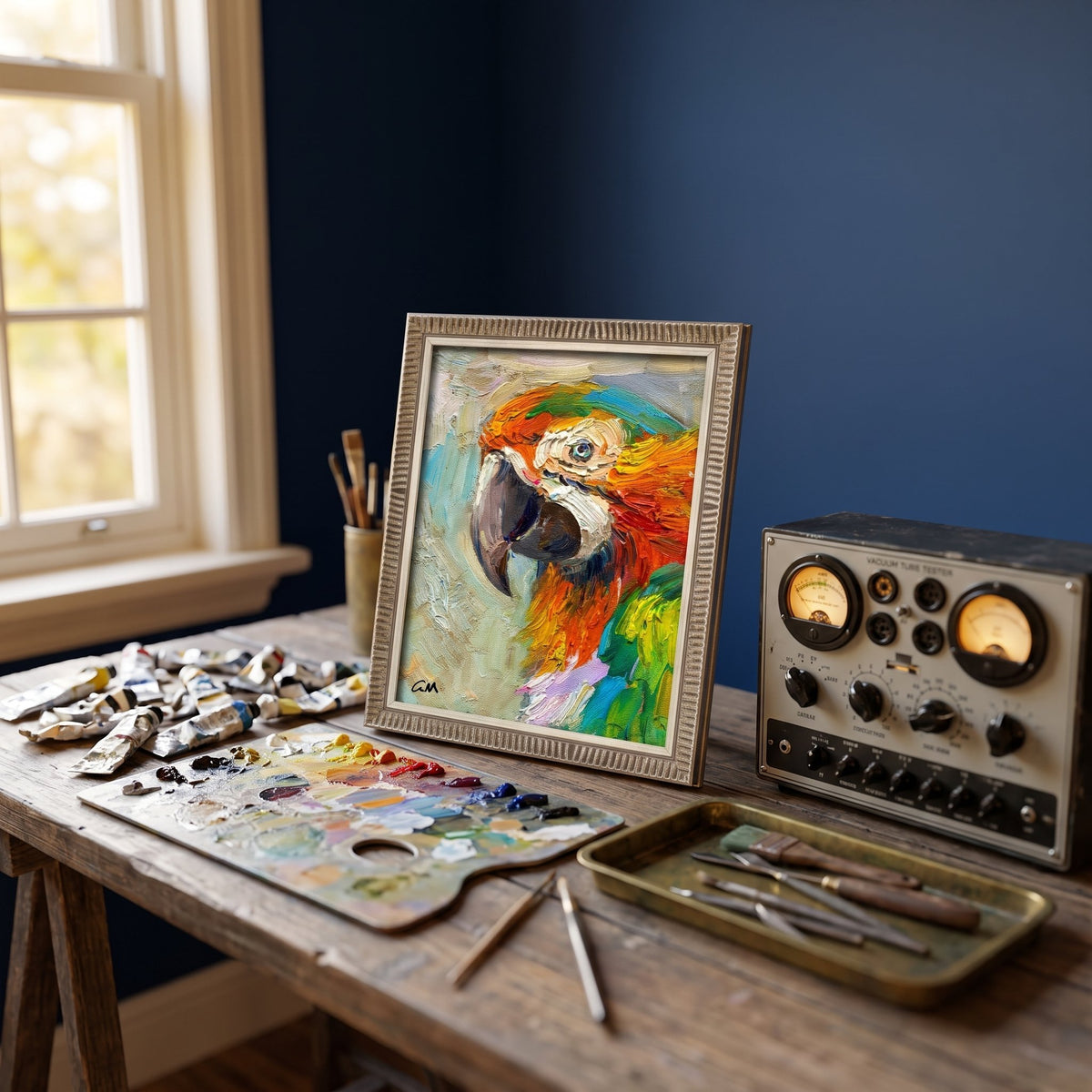 Artist's Studio, Rustic Farmhouse — Vibrant parrot painting adds expressive color and life to a creative workspace