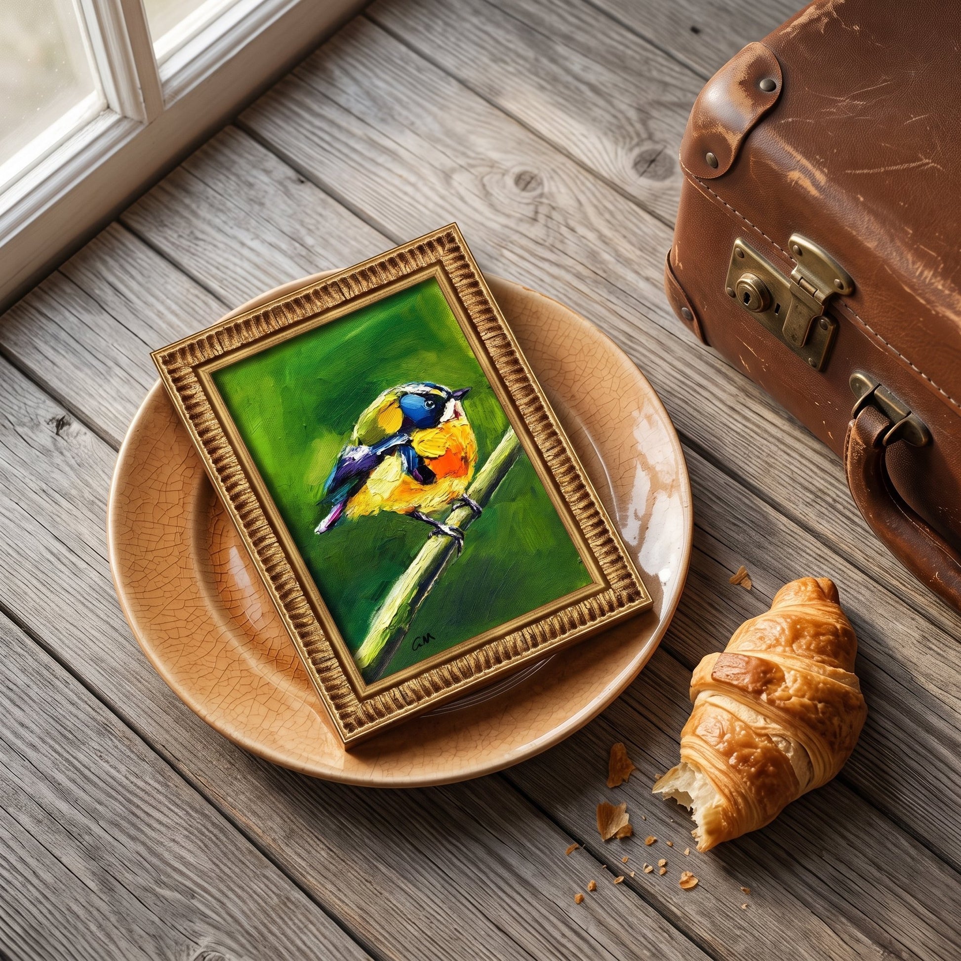 Rustic Farmhouse Kitchen Nook — Vibrant bird painting adds color and life to a sunlit, vintage-inspired morning scene