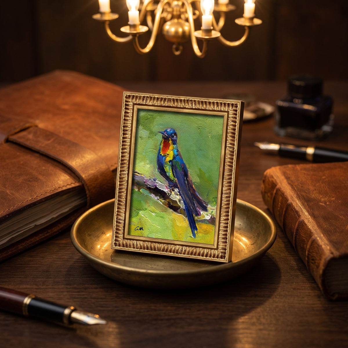 Vintage study — expressive bird painting adds vibrant color and artistic flair to a classic scholarly space