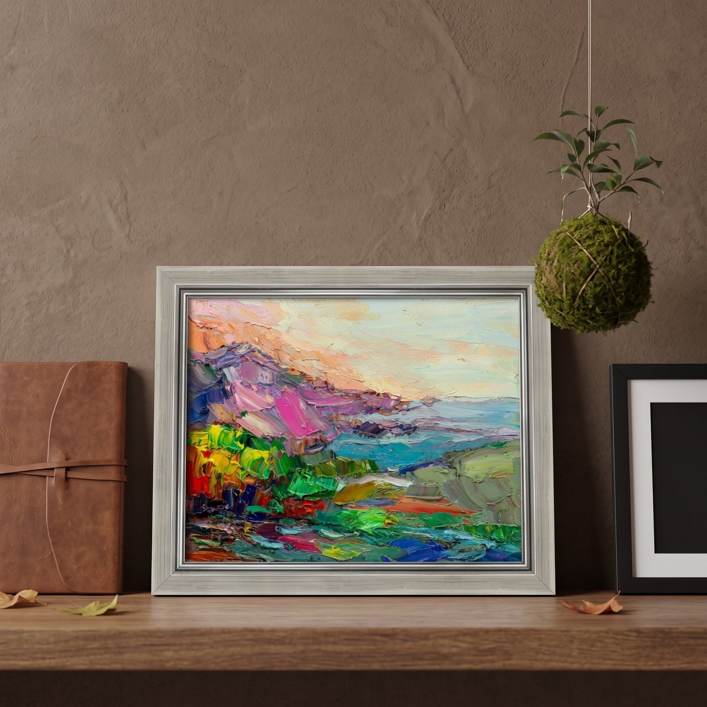 Contemporary living room — vibrant abstract landscape painting adds color and emotion to minimalist decor