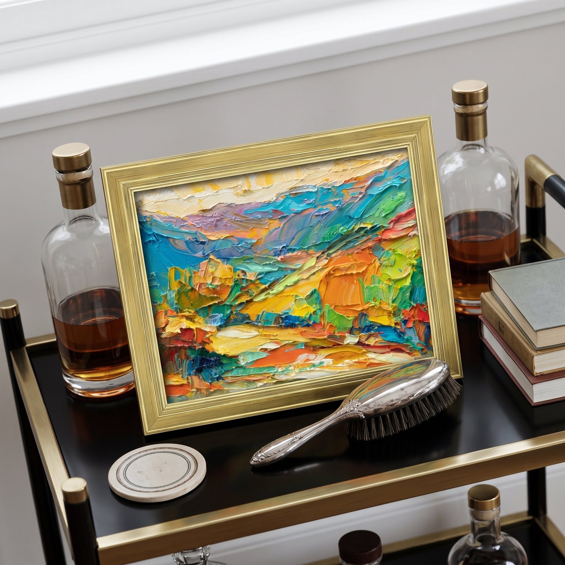 Mid-century modern living room — vibrant abstract landscape painting adds bold color and texture to a refined bar cart display