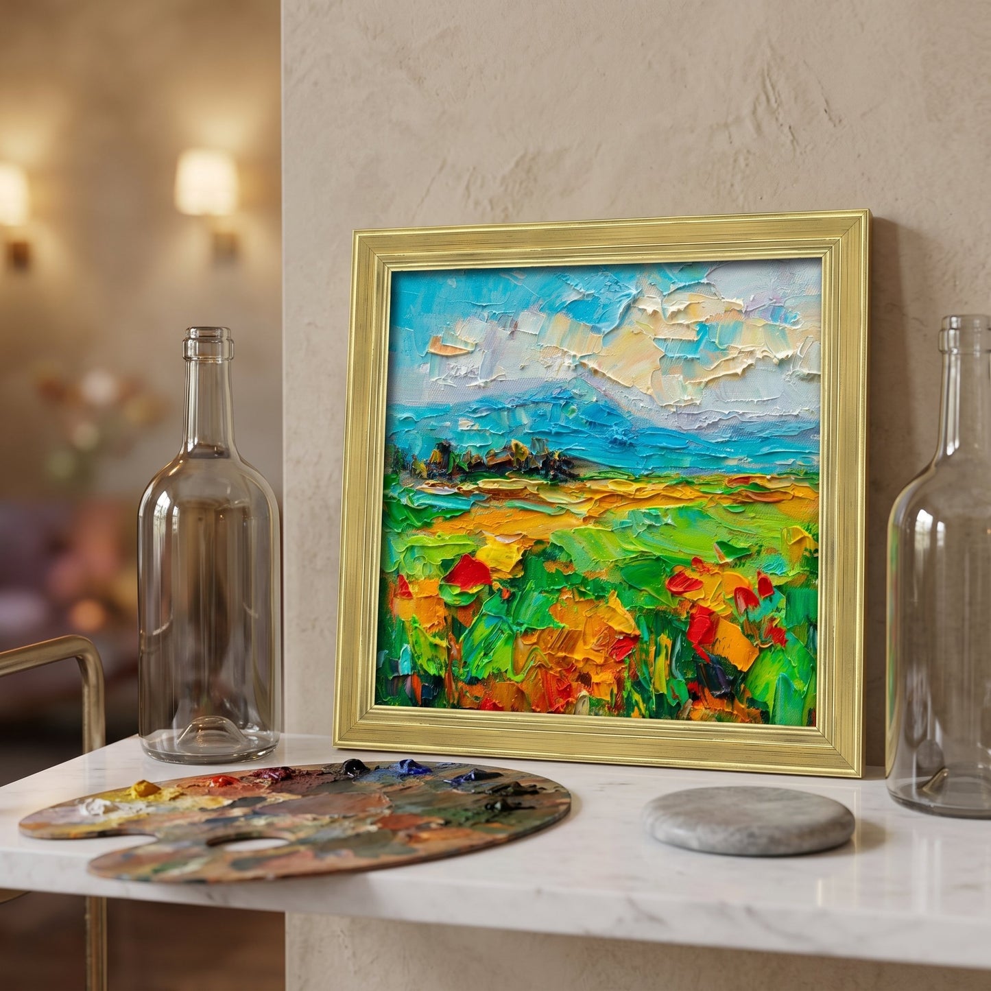 Contemporary living room — Vibrant Impressionist landscape elevates neutral space with bold color and texture