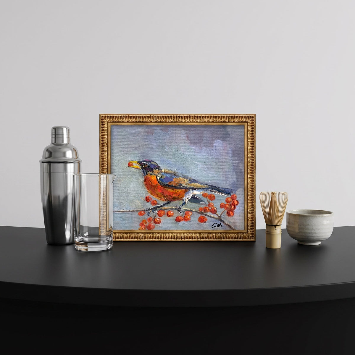 Contemporary entryway — vibrant Impressionist bird painting adds warmth and artistic focus to minimalist decor