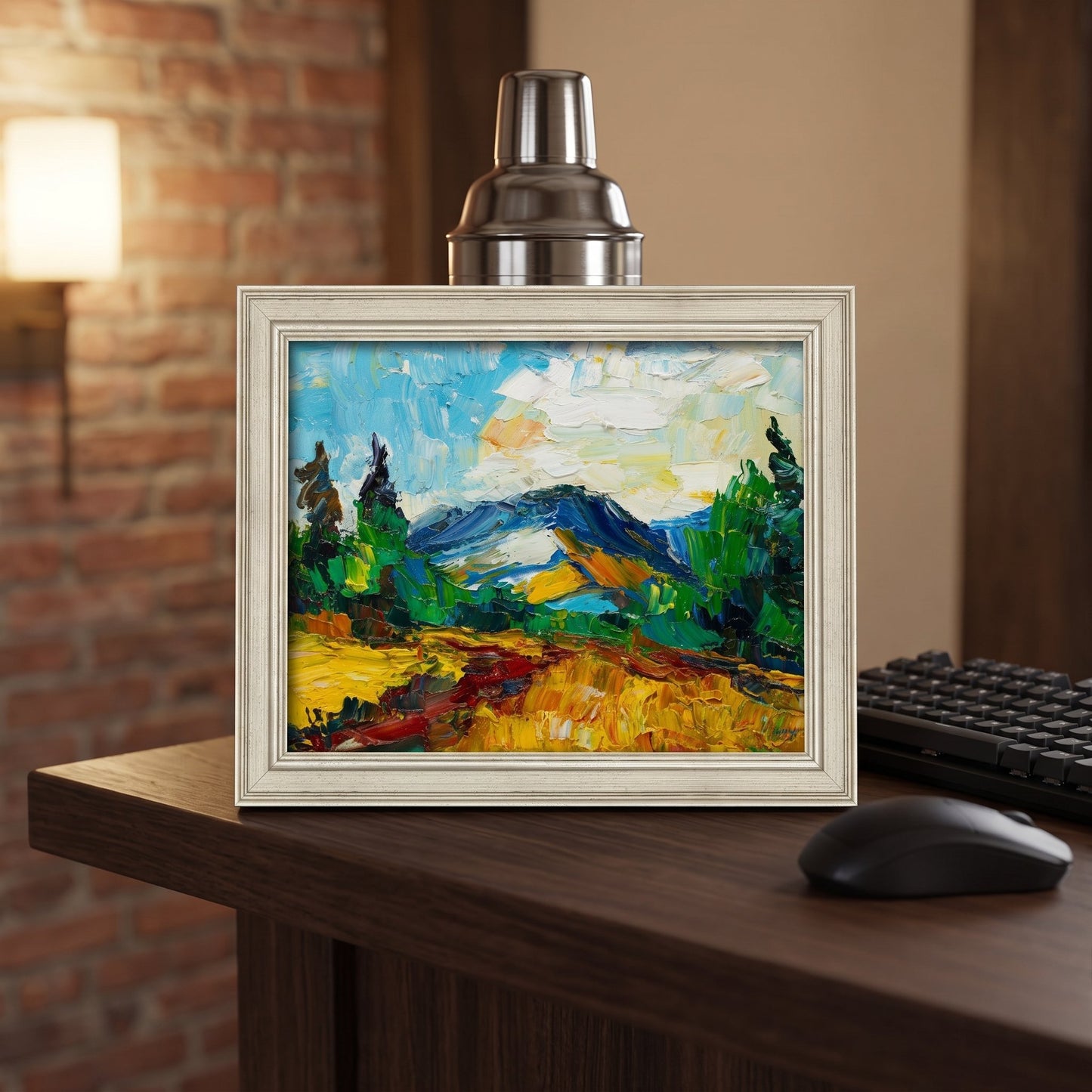 RusticFarmhouseHomeOffice — VibrantExpressionistLandscapePaintingAddsColorAndEnergyToTheSpace