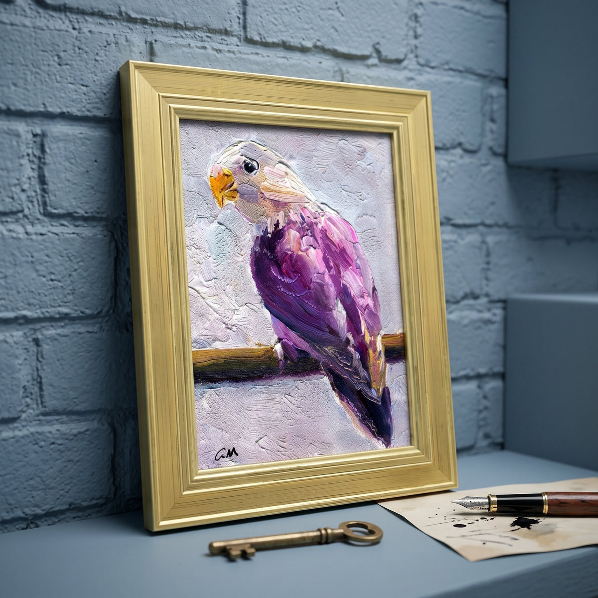 Contemporary study — expressive bird painting adds vibrant color and texture to a minimalist workspace