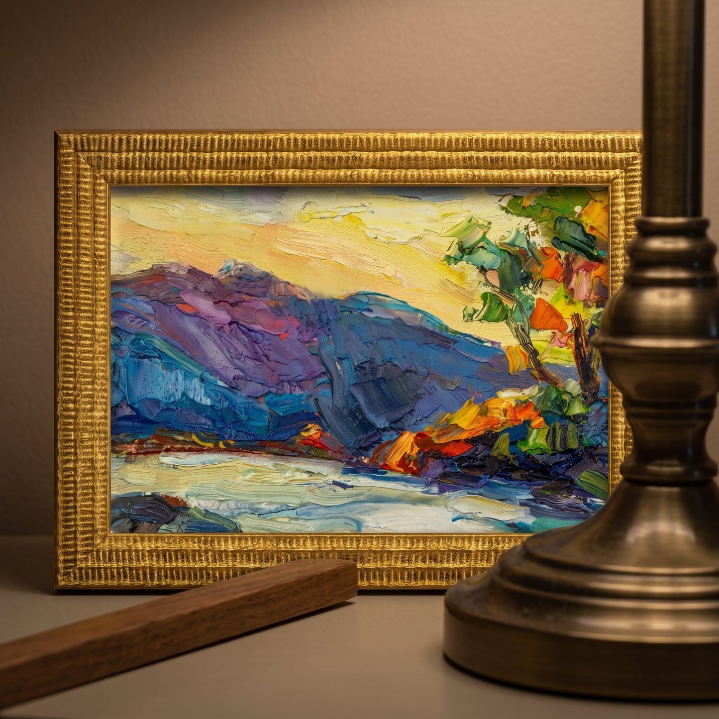 Contemporary study — vibrant expressionist landscape elevates neutral space with bold color and texture
