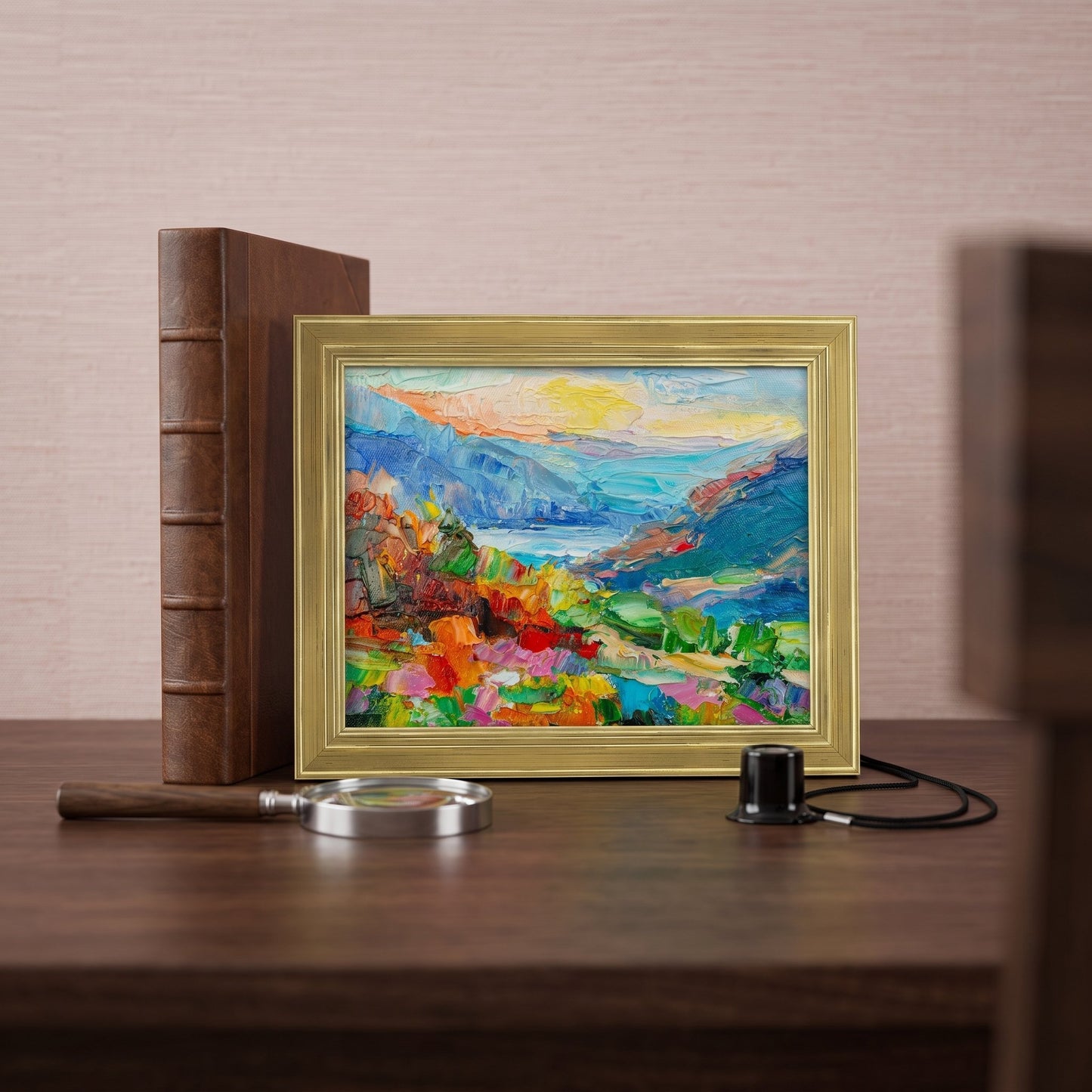 Rustic Farmhouse Study — Vibrant landscape painting adds color and artistic energy to warm, wood-accented space