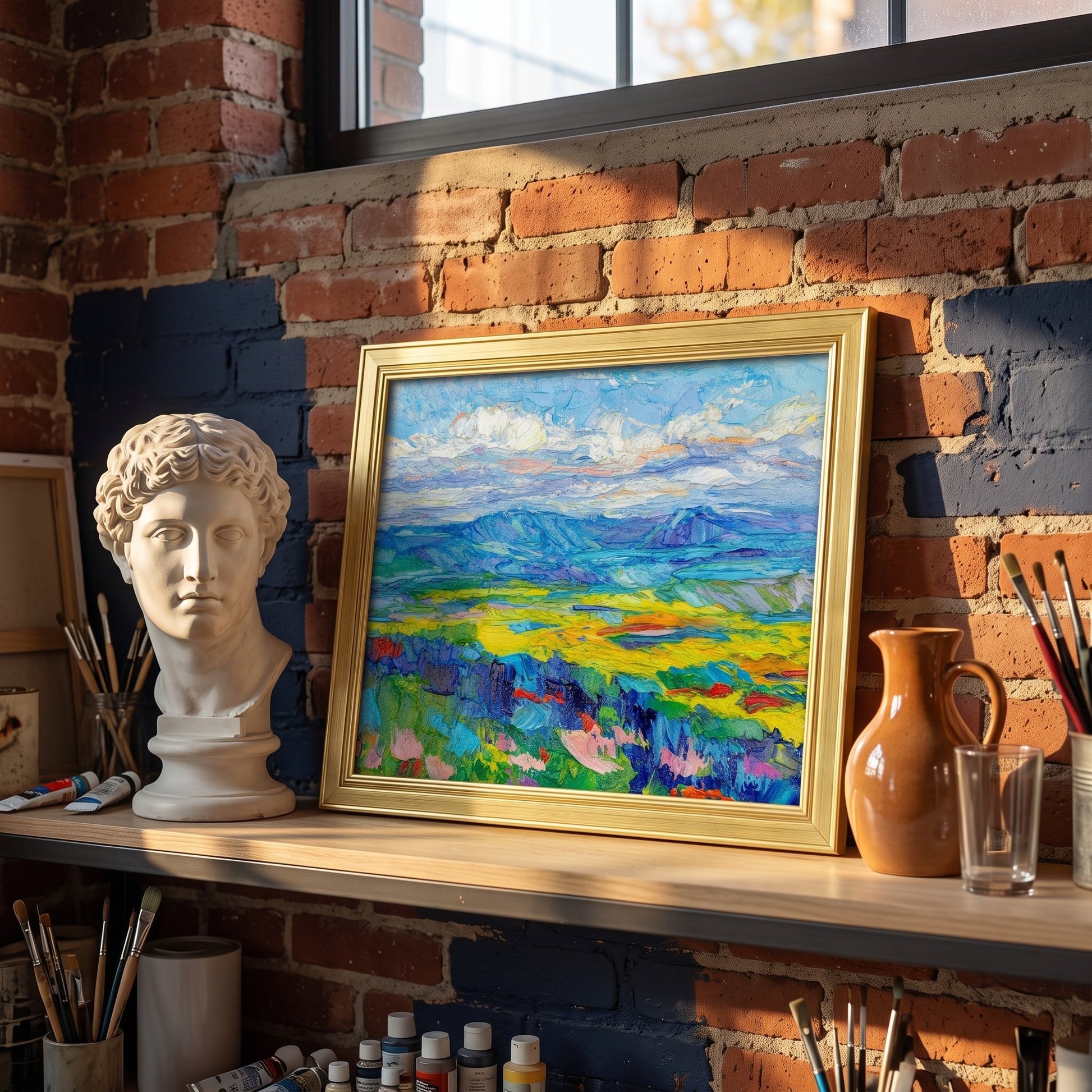 Industrial studio — vibrant Impressionist landscape transforms raw space into a creative sanctuary