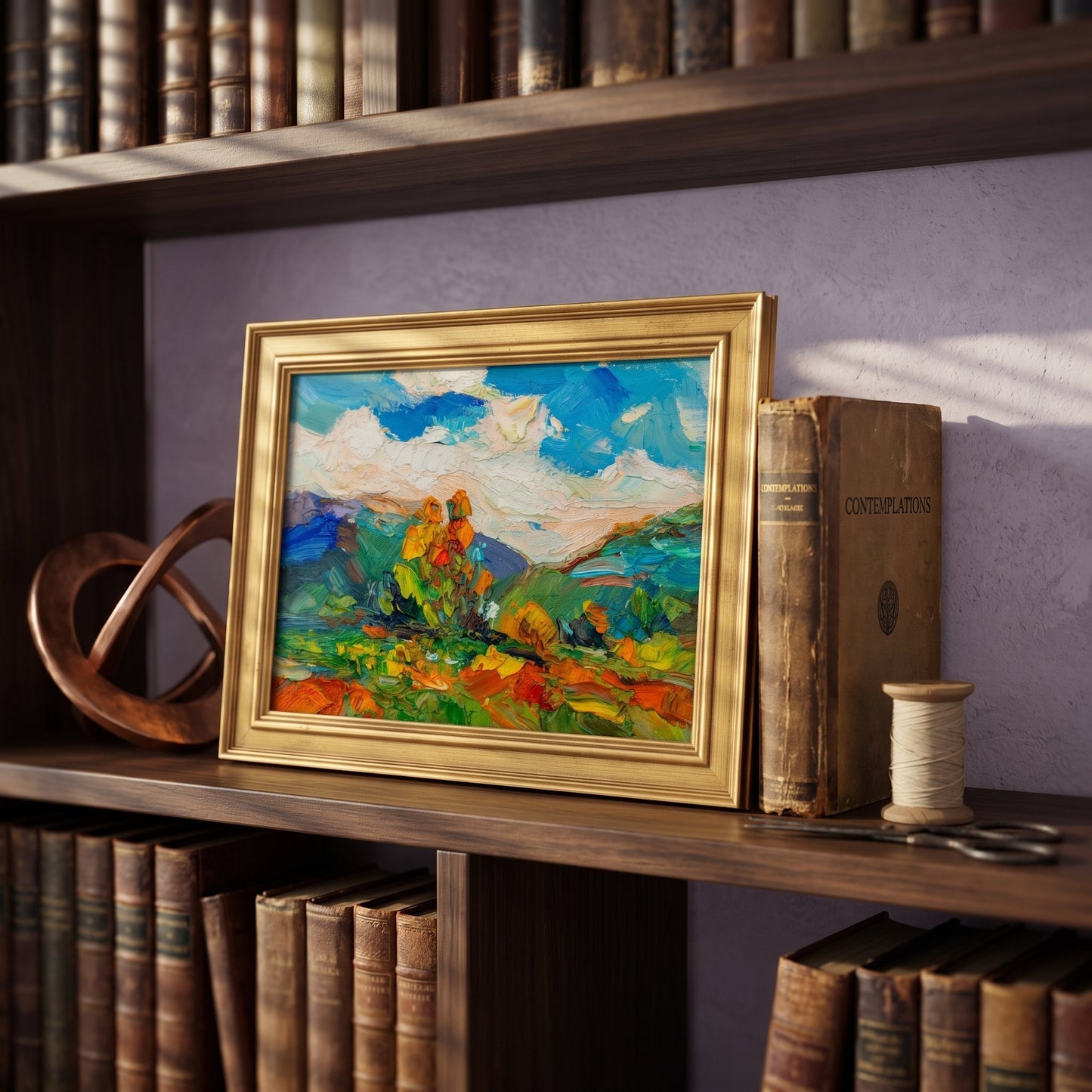 RusticFarmhouseStudy — VibrantImpressionistLandscapeAddsColorAndLifeToBooklinedShelf