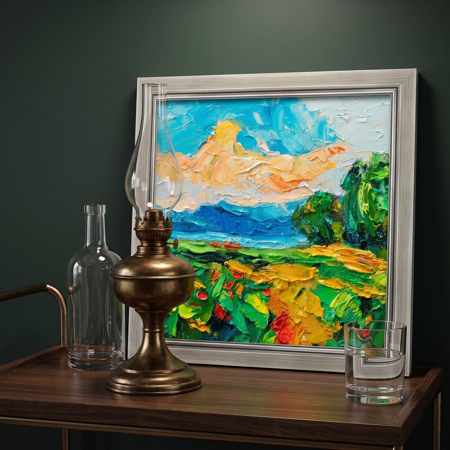 Contemporary study — vibrant Impressionist landscape transforms moody space with bold color and texture