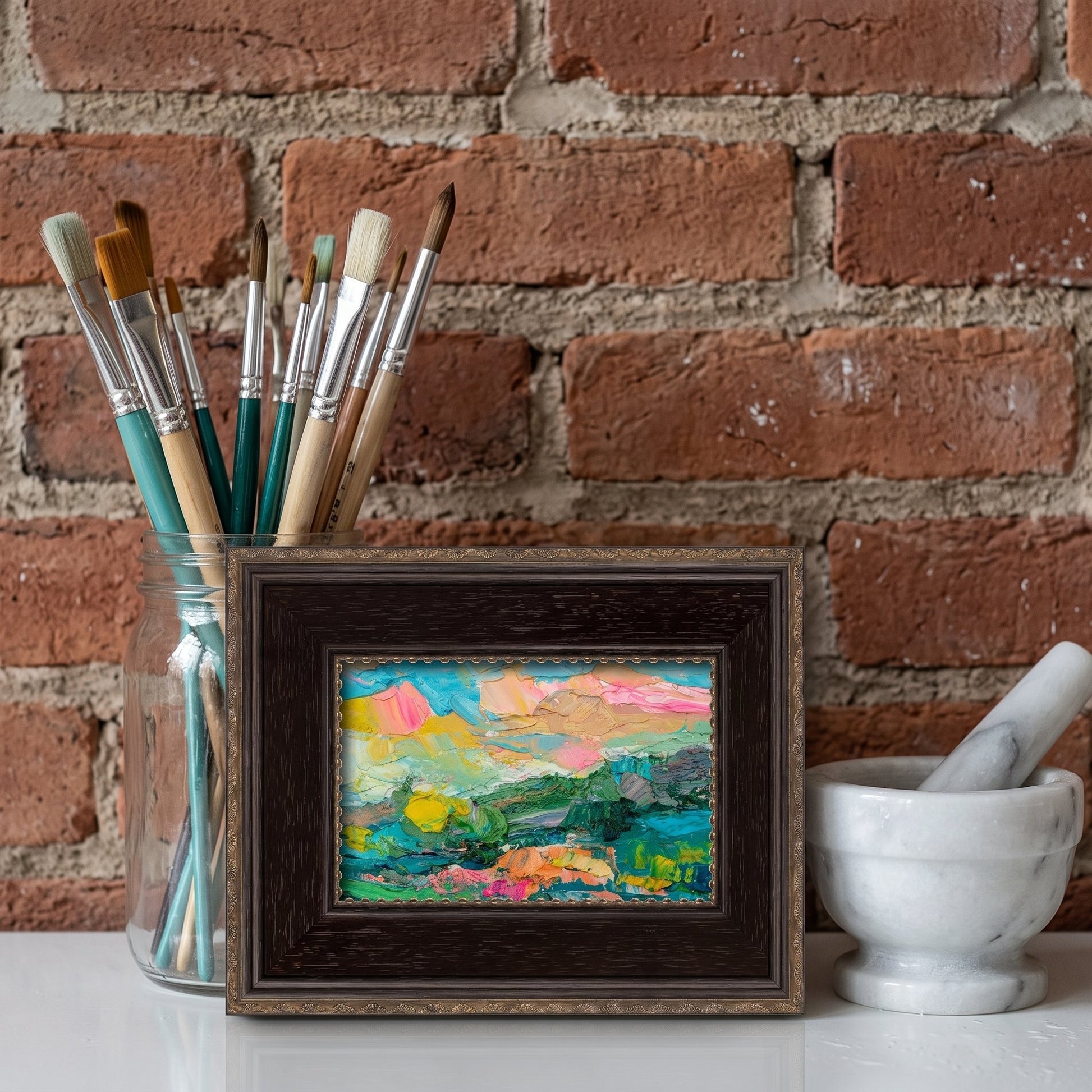 Artist's Studio, Industrial Minimalist — Vibrant Expressionist landscape adds color and energy to a creative workspace