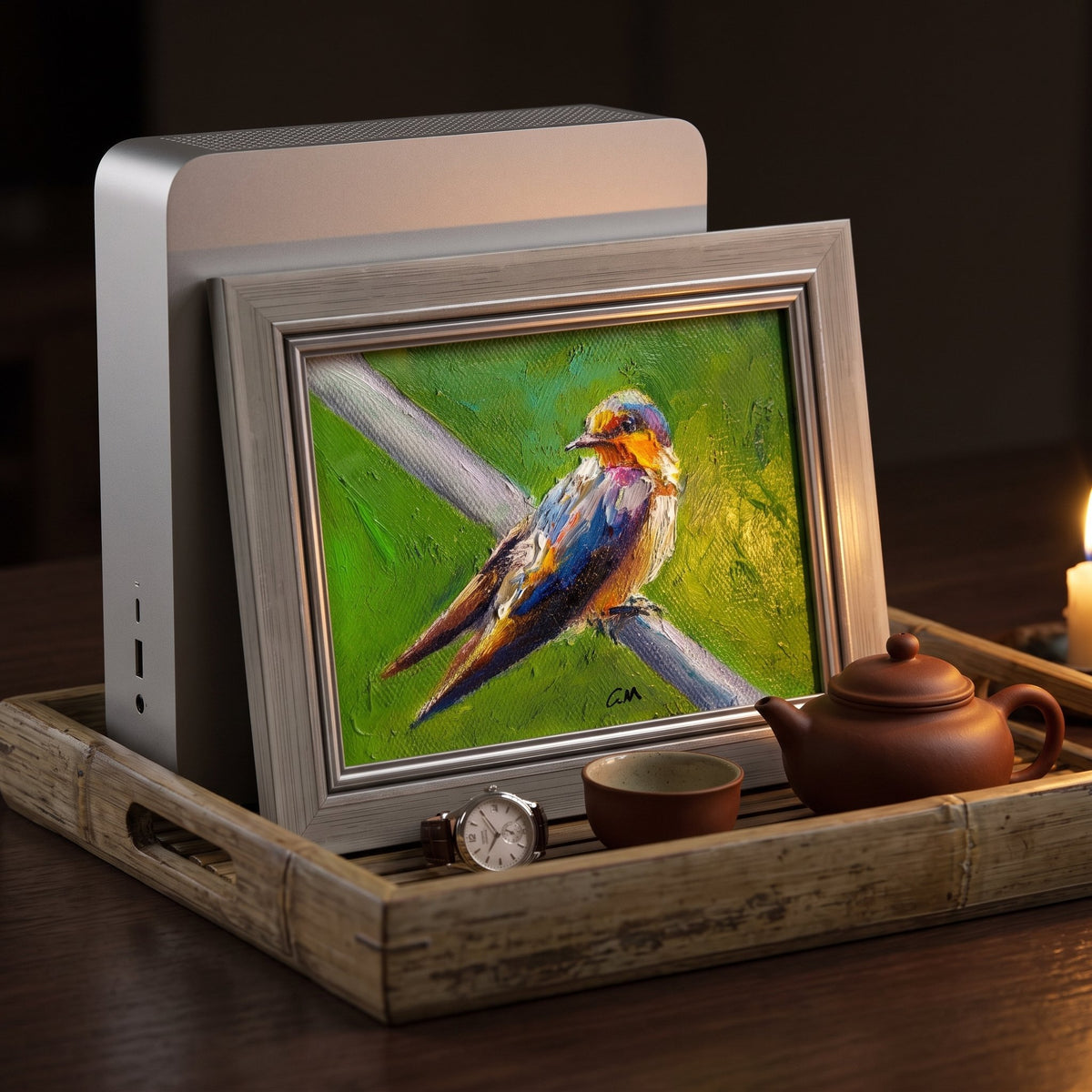 Minimalist study — vibrant expressionist bird painting adds color and life to a serene workspace