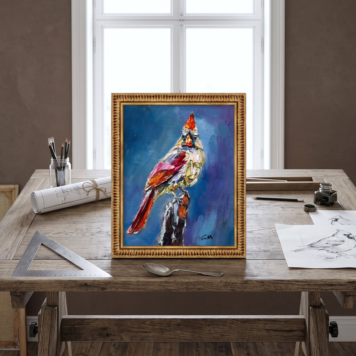Rustic Farmhouse Study — Original Expressionist Bird Painting Adds Vibrant Focal Point with Rich Colors and Textured Brushwork