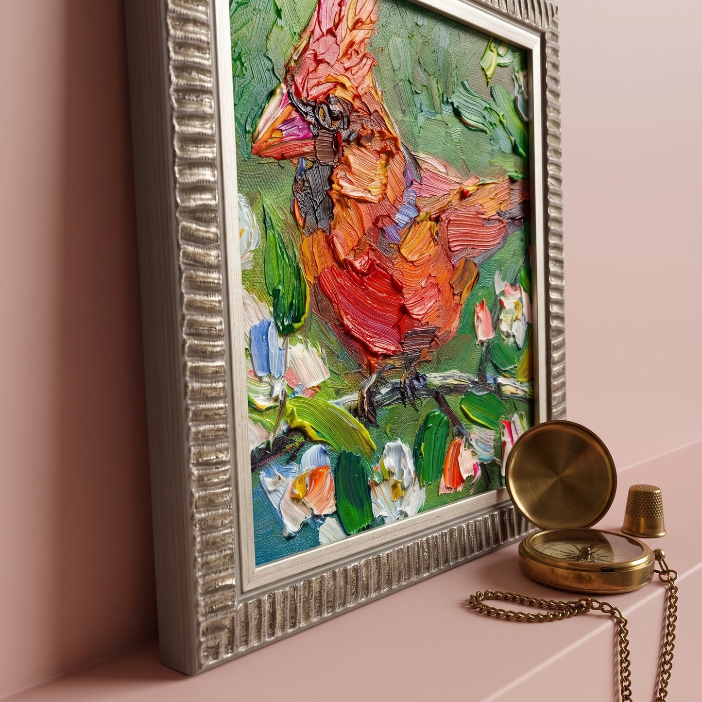 Contemporary entryway — vibrant Impressionist cardinal painting adds warmth and character to soft pink walls